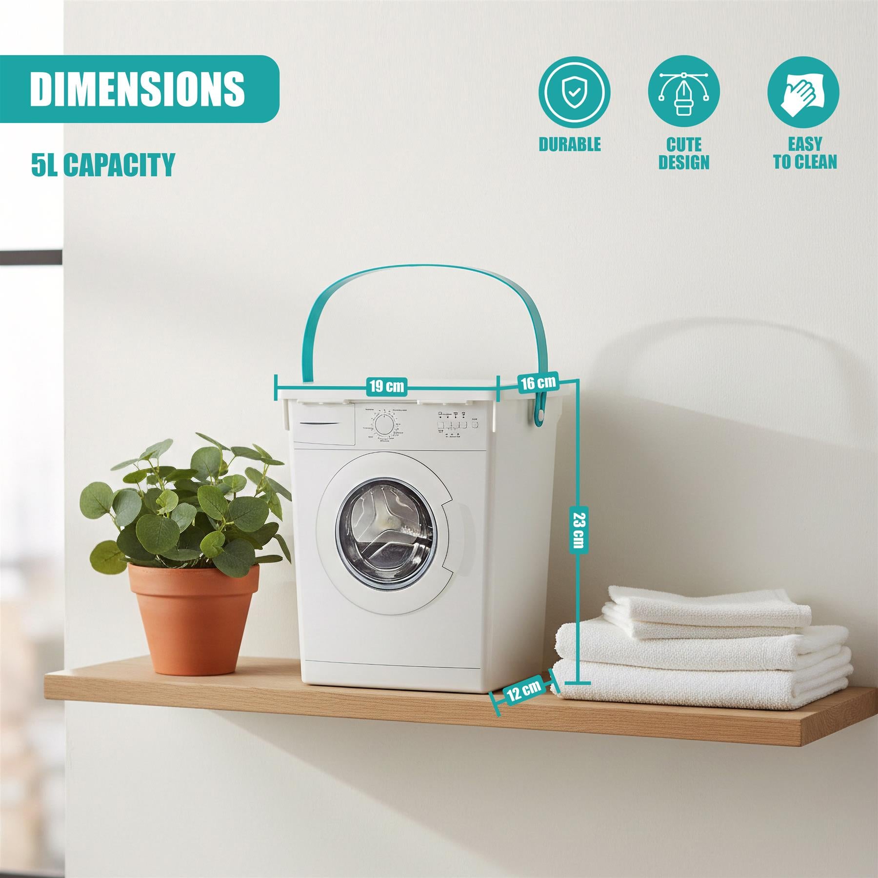 White washing unit on a wooden shelf, flanked by a potted plant and stack of white towels.