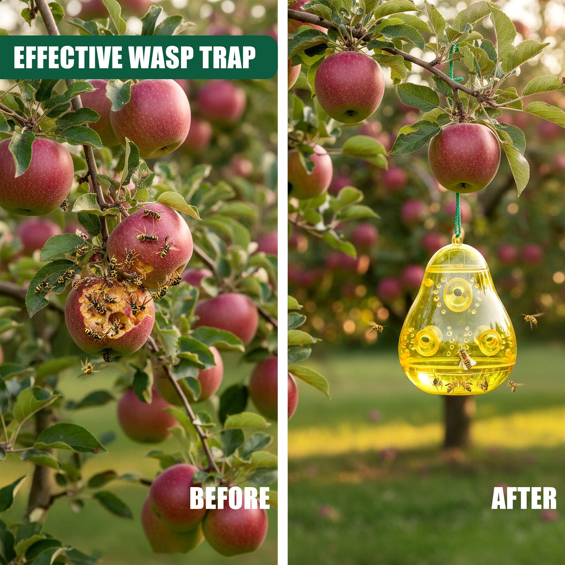 Several wasps are visible near and attacking damaged apples on the branch.

A yellow, bell-shaped trap hangs from apples, containing several visible insects.