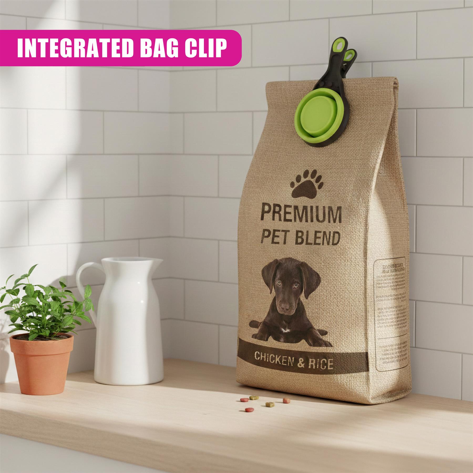 Green and black collapsible scoop attached to the corner of a pet food bag.