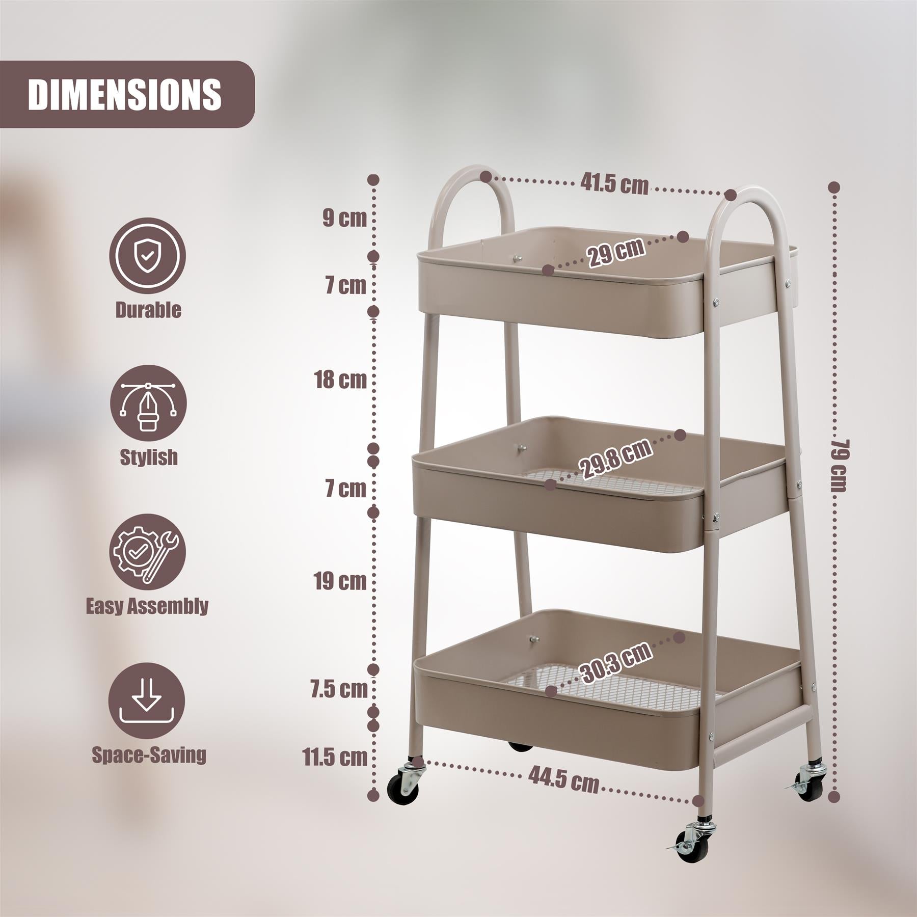 3 Tier Storage Trolley on Wheels by GEEZY - The Magic Toy Shop