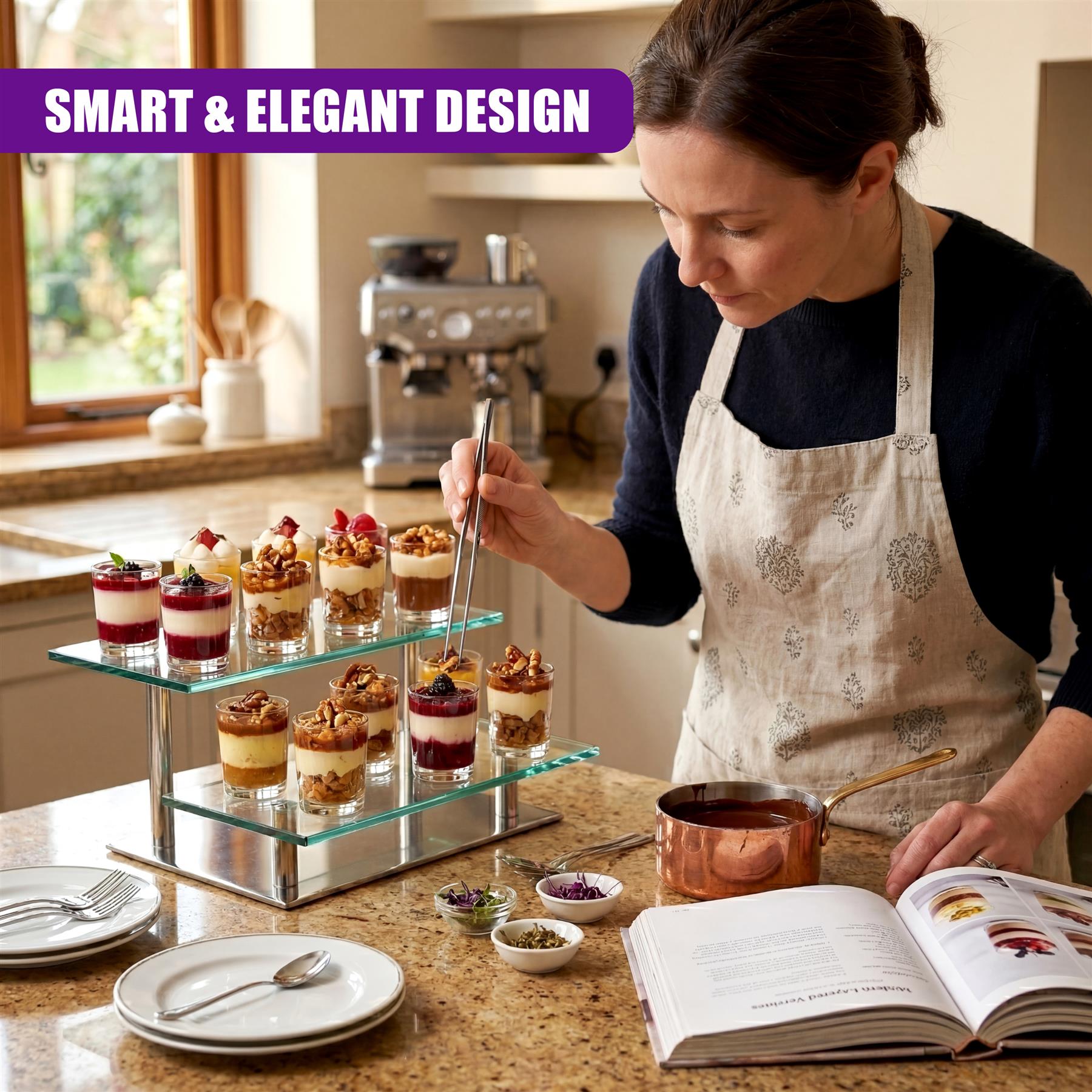Woman preparing layered mini desserts arranged on a two-tiered glass serving rack.