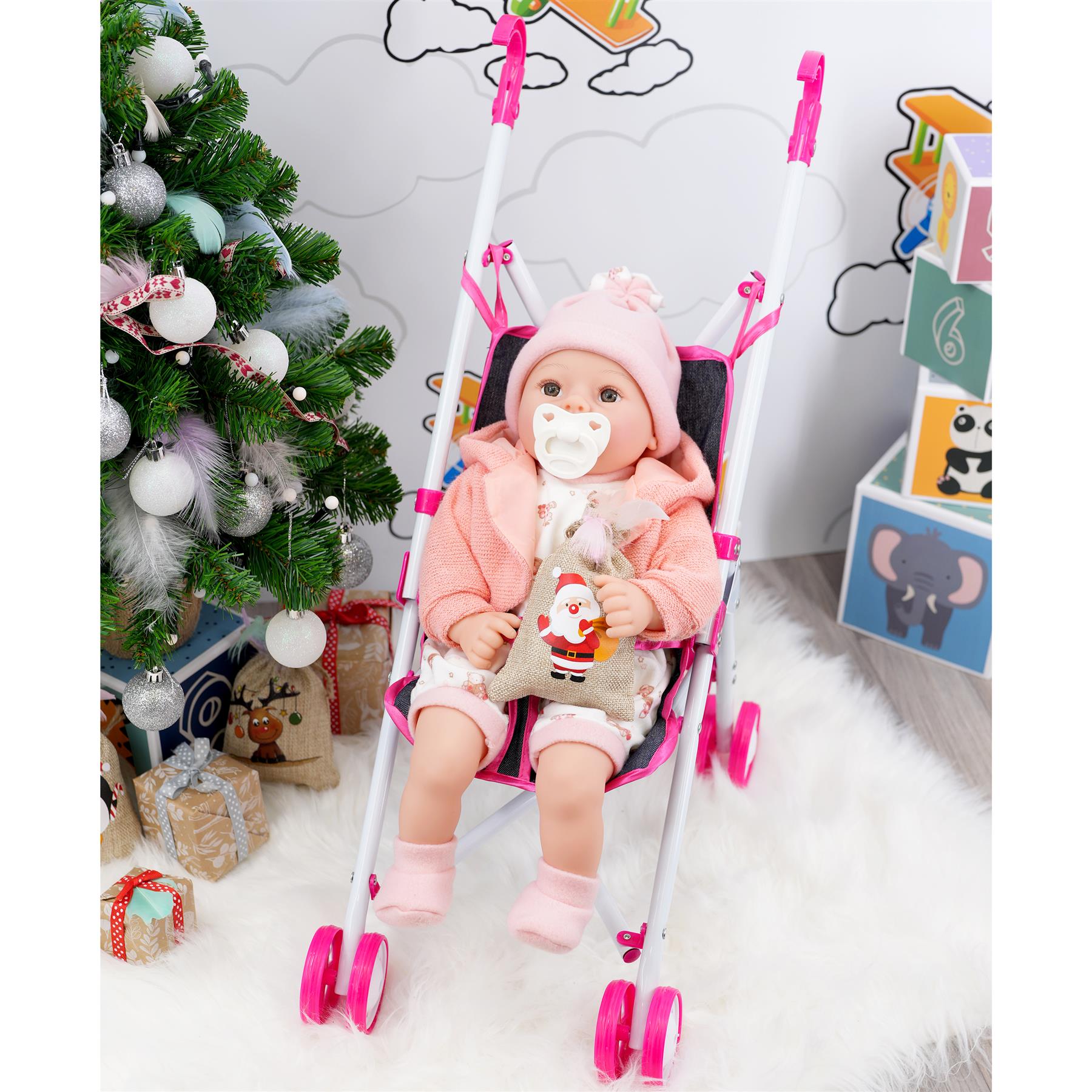 "Pink Bibi doll foldable stroller, features a collapsible design, suitable for toddlers"