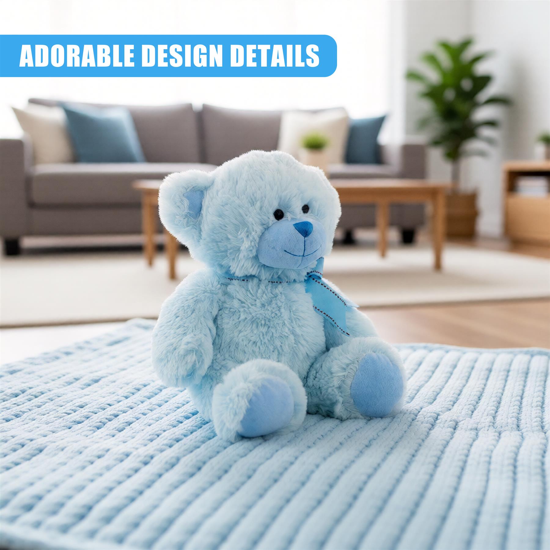 Light blue stuffed teddy bear resting on a pale blue textured blanket.