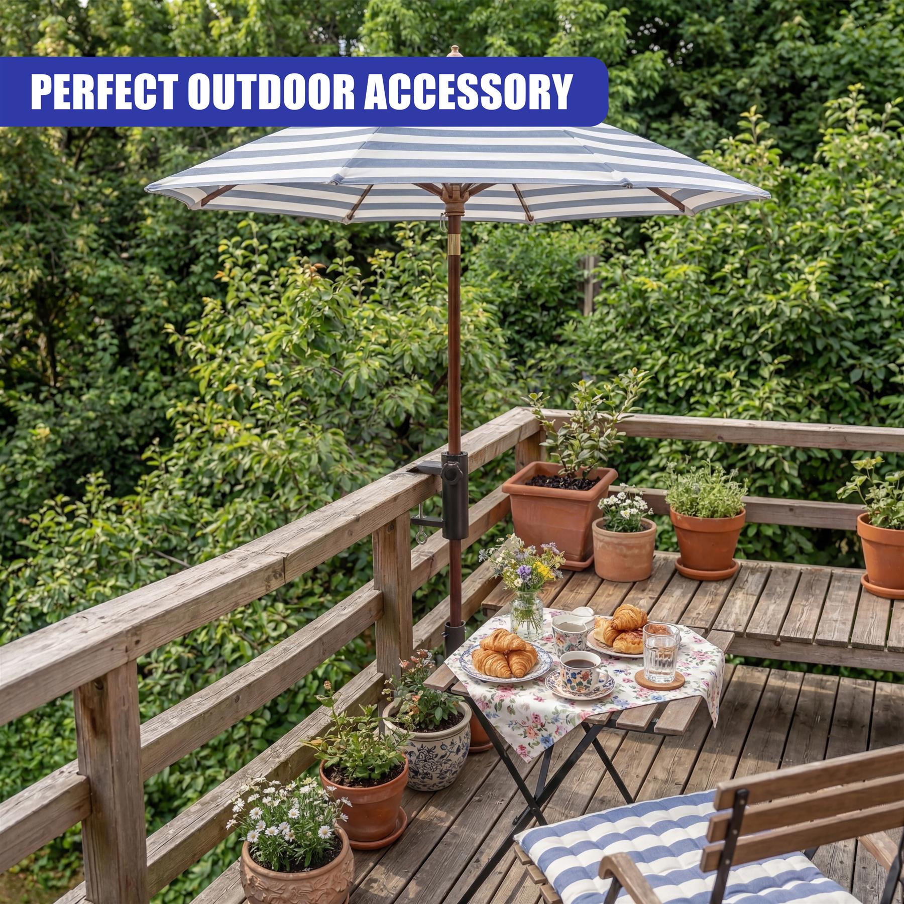 Metal parasol clamp holding a striped patio umbrella over a wooden outdoor table.