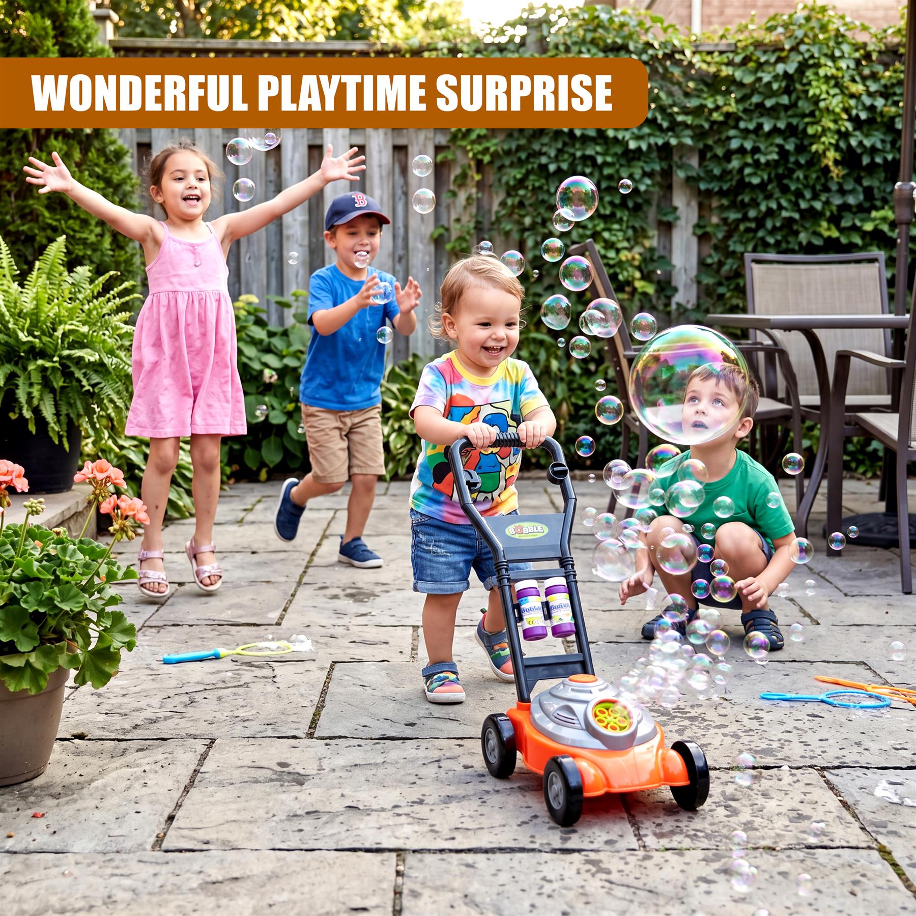 The bubble mower toy is displayed on stone patio near children surrounded by soap bubbles.