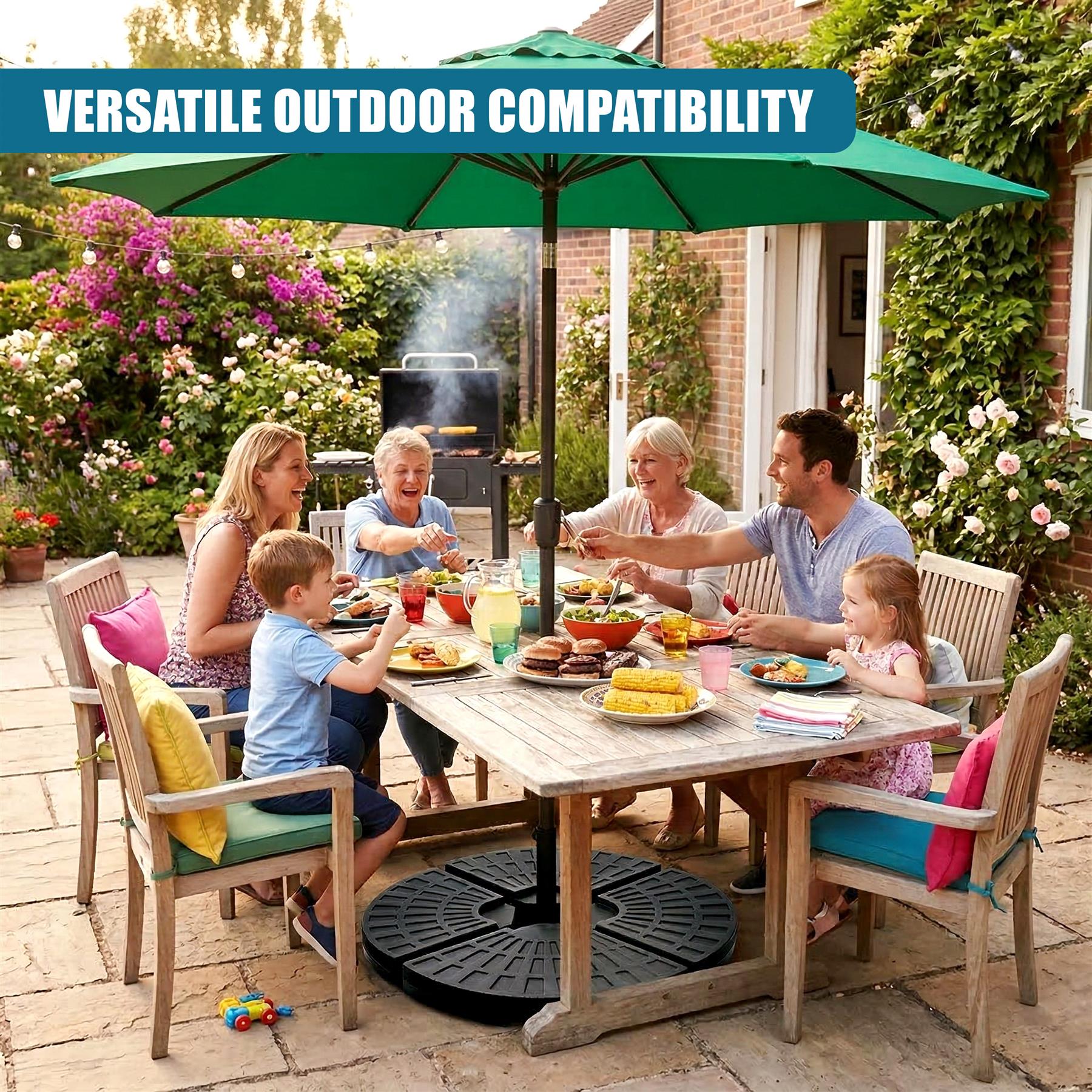 Green cantilever parasol casts shade over a wooden dining table on a stone patio.