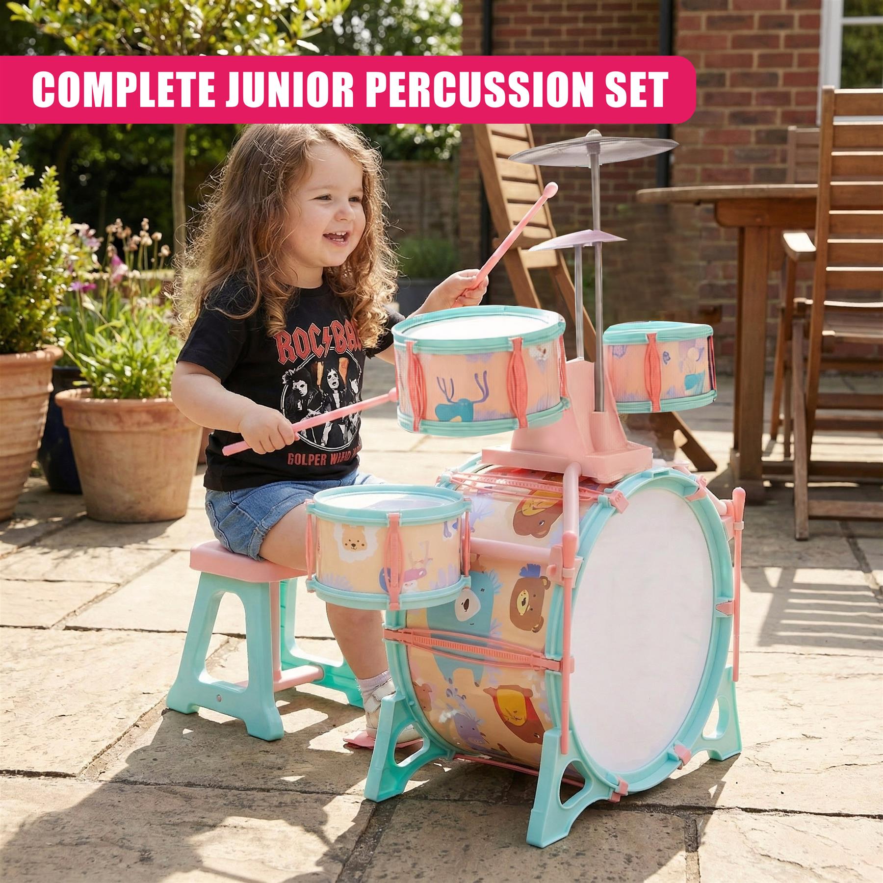 Pink and Green Multi functional Kids Jazz Drum Set 