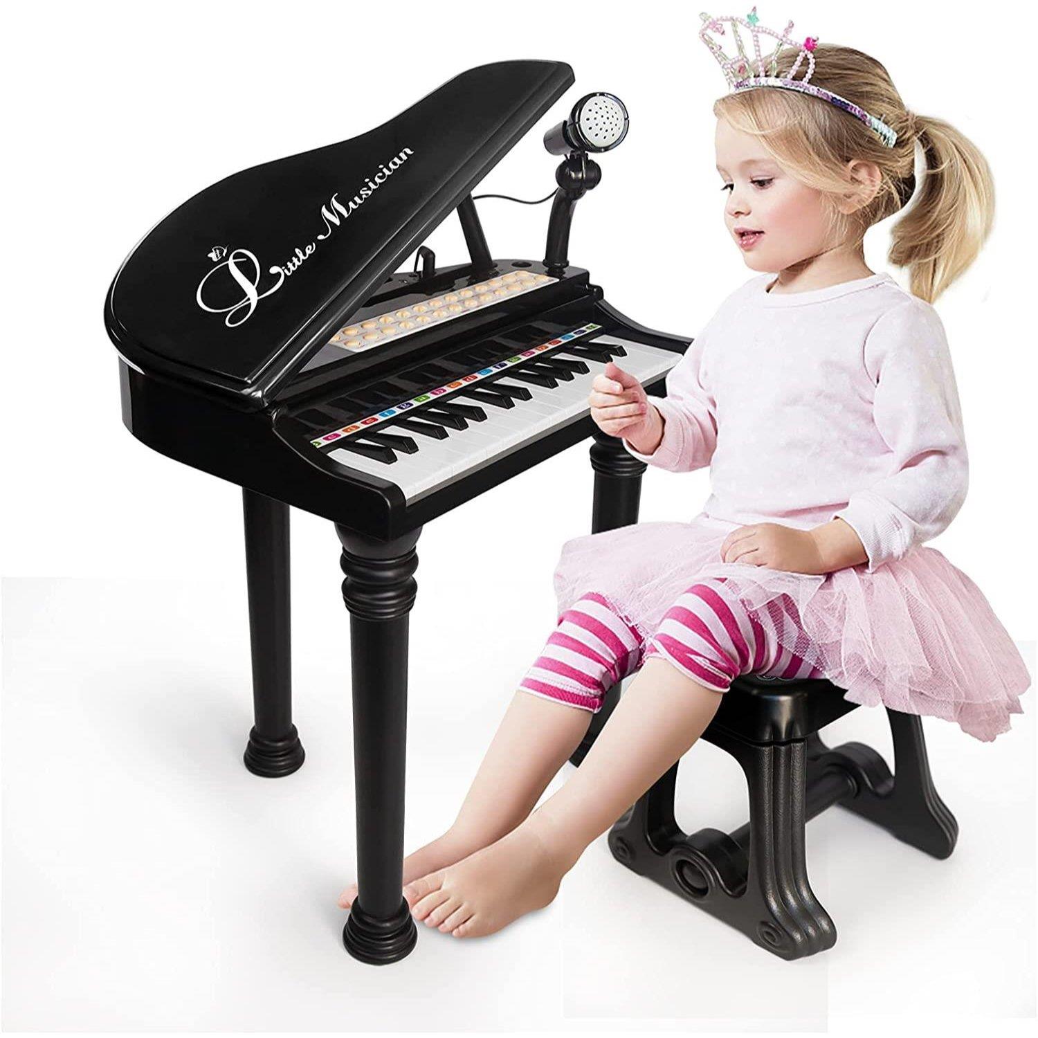 The Magic Toy Shop Black Electronic Piano With Microphone and Stool