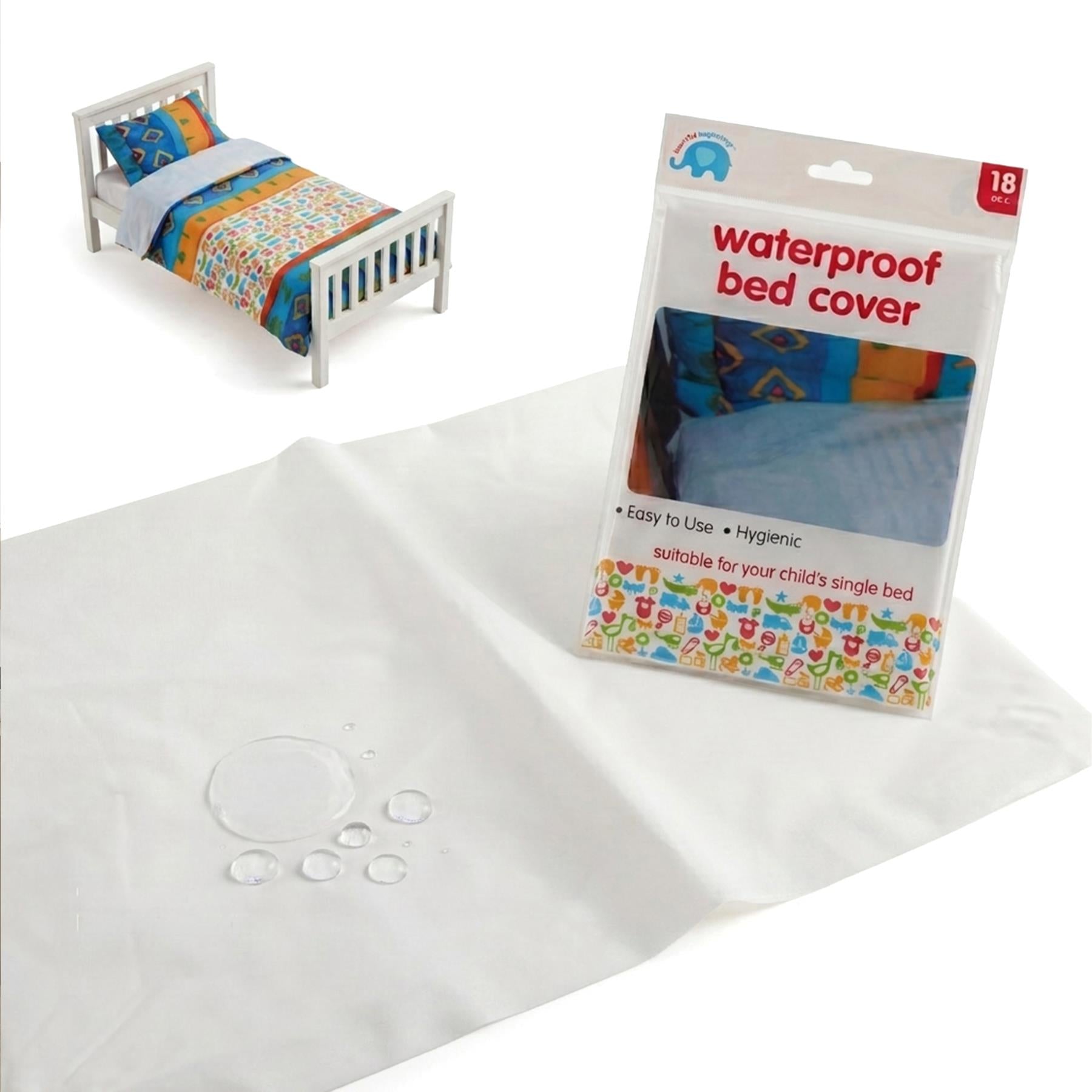 White protective sheet, packaged waterproof bed cover, and assembled display on a single bed frame.