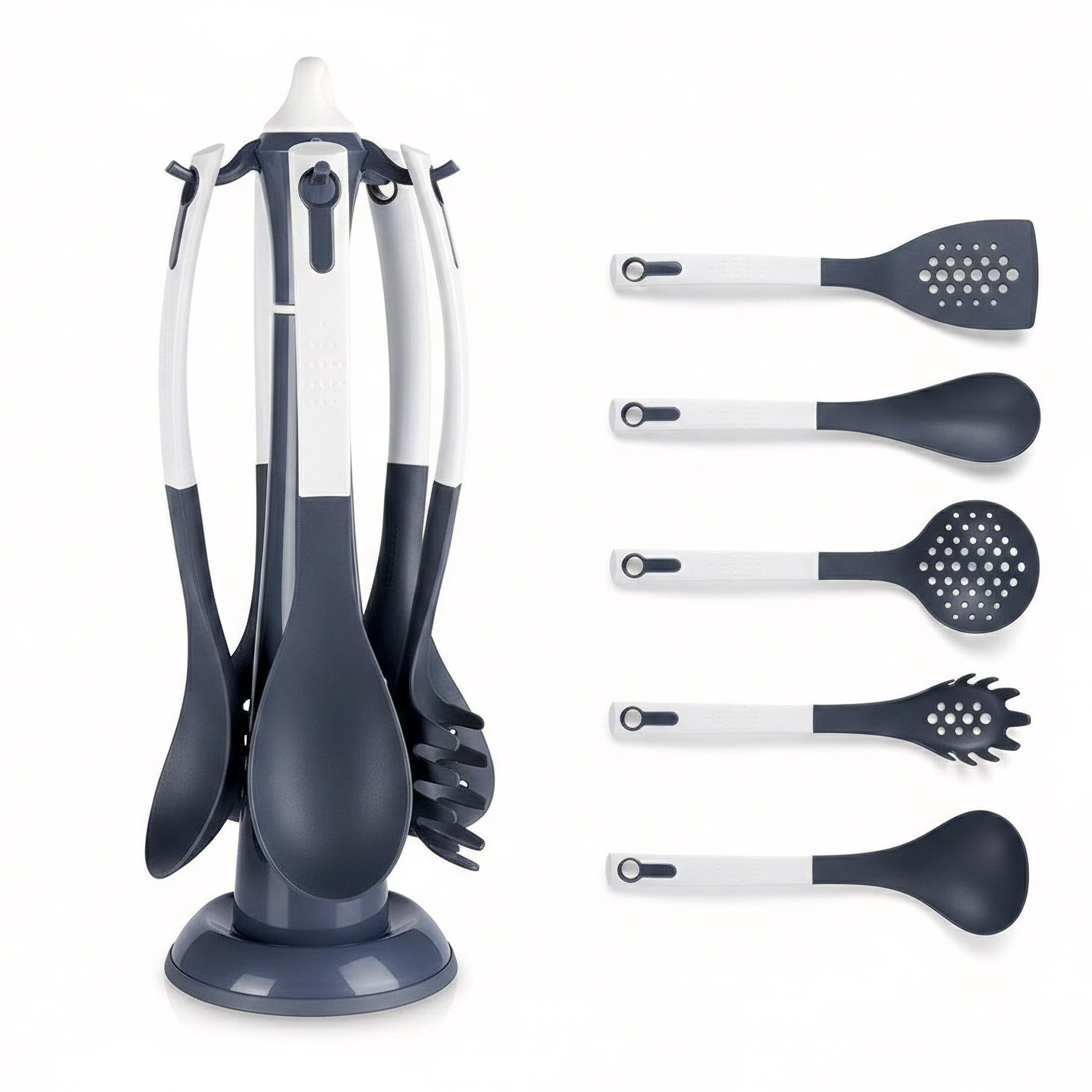 Six kitchen utensils, including spatulas, slotted spoons, and a solid serving scoop, stored upright in a dark stand.