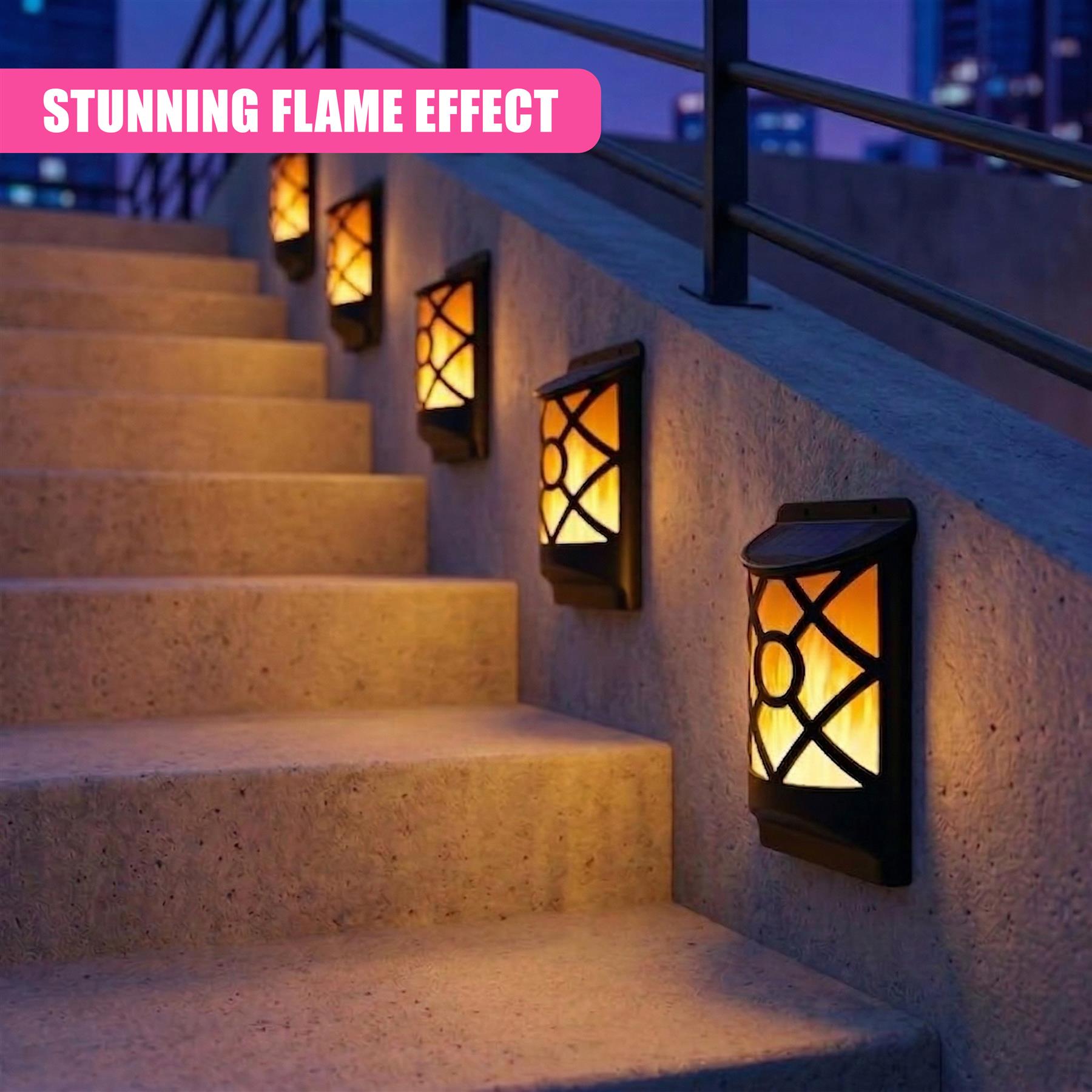 Mounted LED lantern sconces line the concrete railing alongside an outdoor set of stairs.