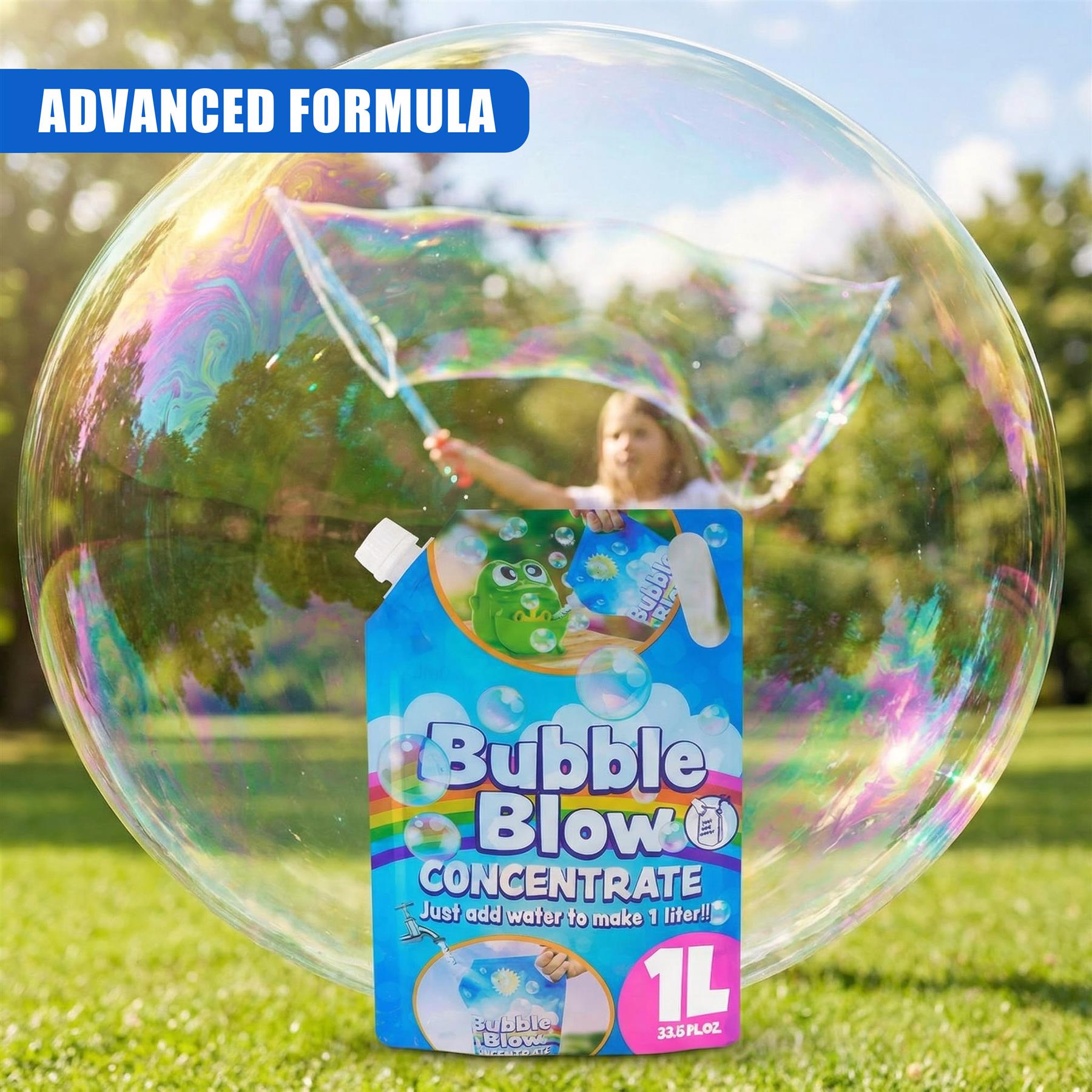 Blue container labeled "Bubble Blow." Instructions state 80 ML concentrate yields one liter of solution.