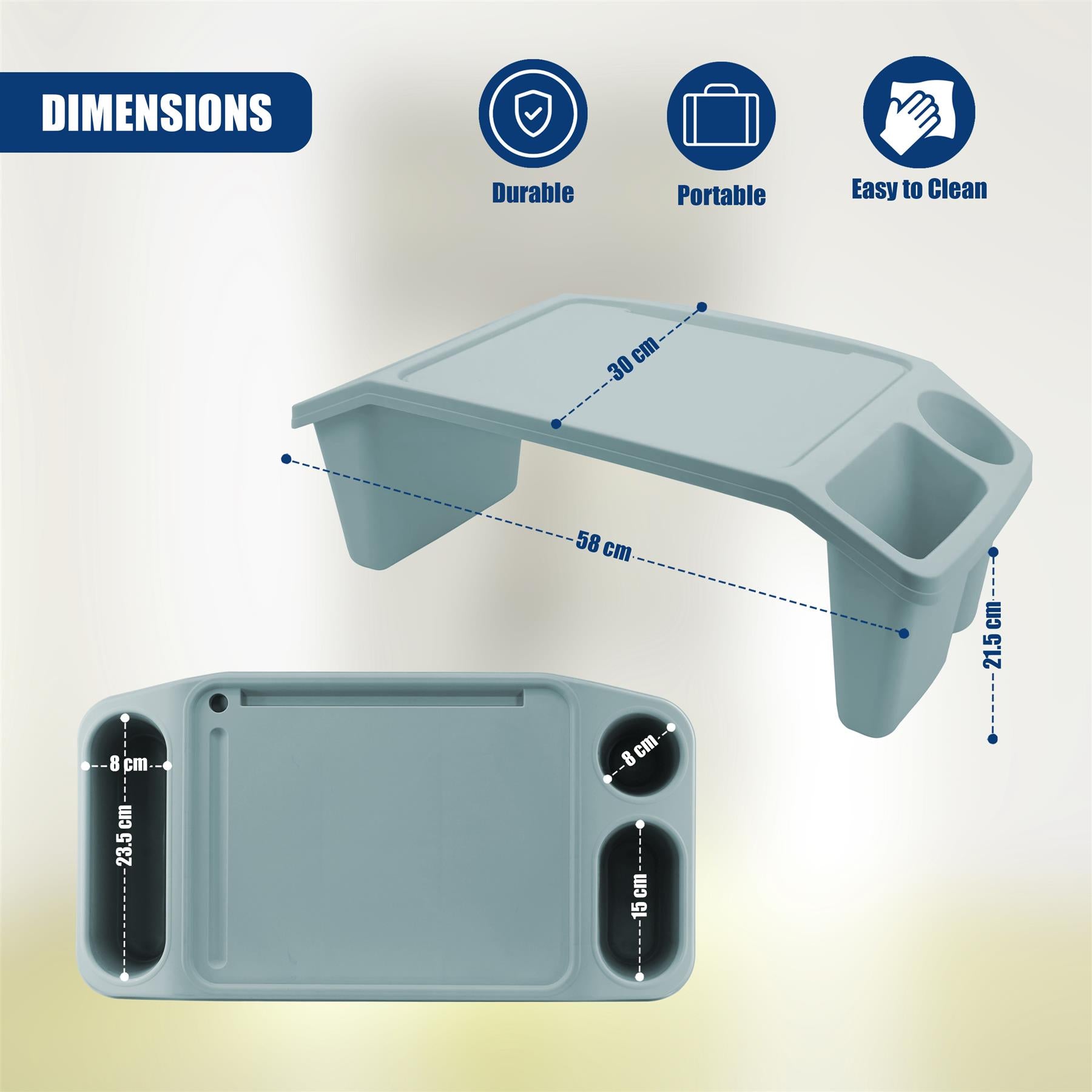 A portable, compact desk with a built-in cup holder, featuring a sturdy design and durable construction. It has a small footprint, making it ideal for use in a variety of settings. - The Magic Toy Shop