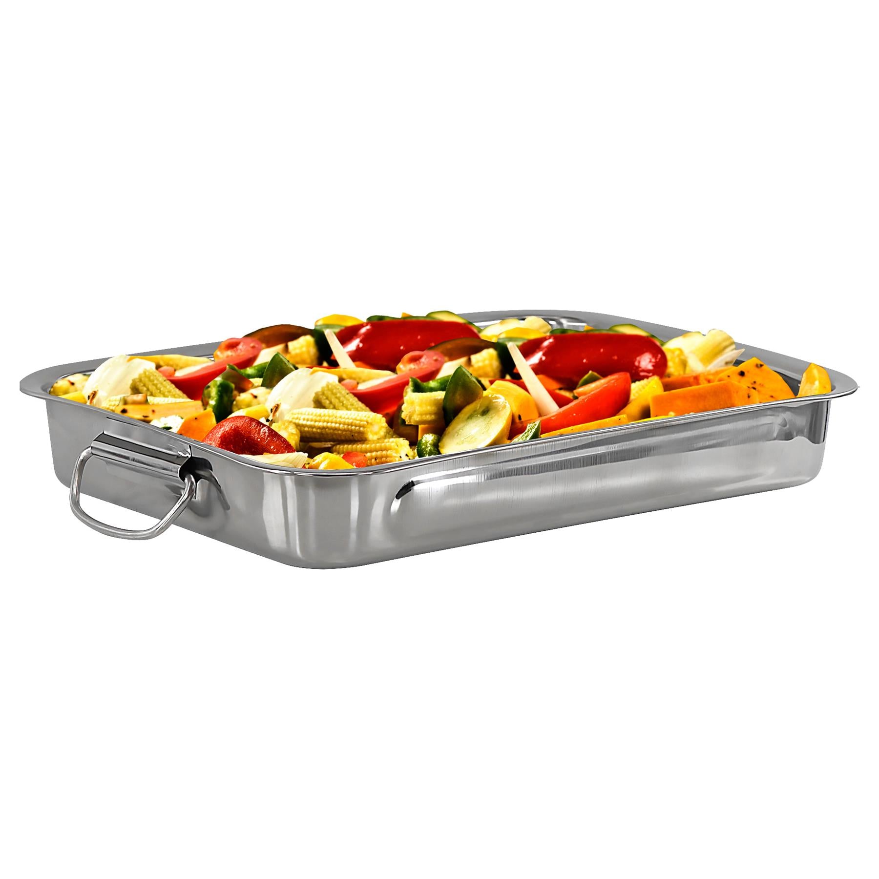 This is a set of three stainless steel roasting trays, perfect for cooking and baking enthusiasts. The trays are made of durable stainless steel and have a sturdy handle, making them easy to use in the oven or on the stove. They are suitable for various types of food such as vegetables, meats, and baked goods. These trays are an ideal addition to any kitchen, enhancing your cooking experience. Themagictoyshop.