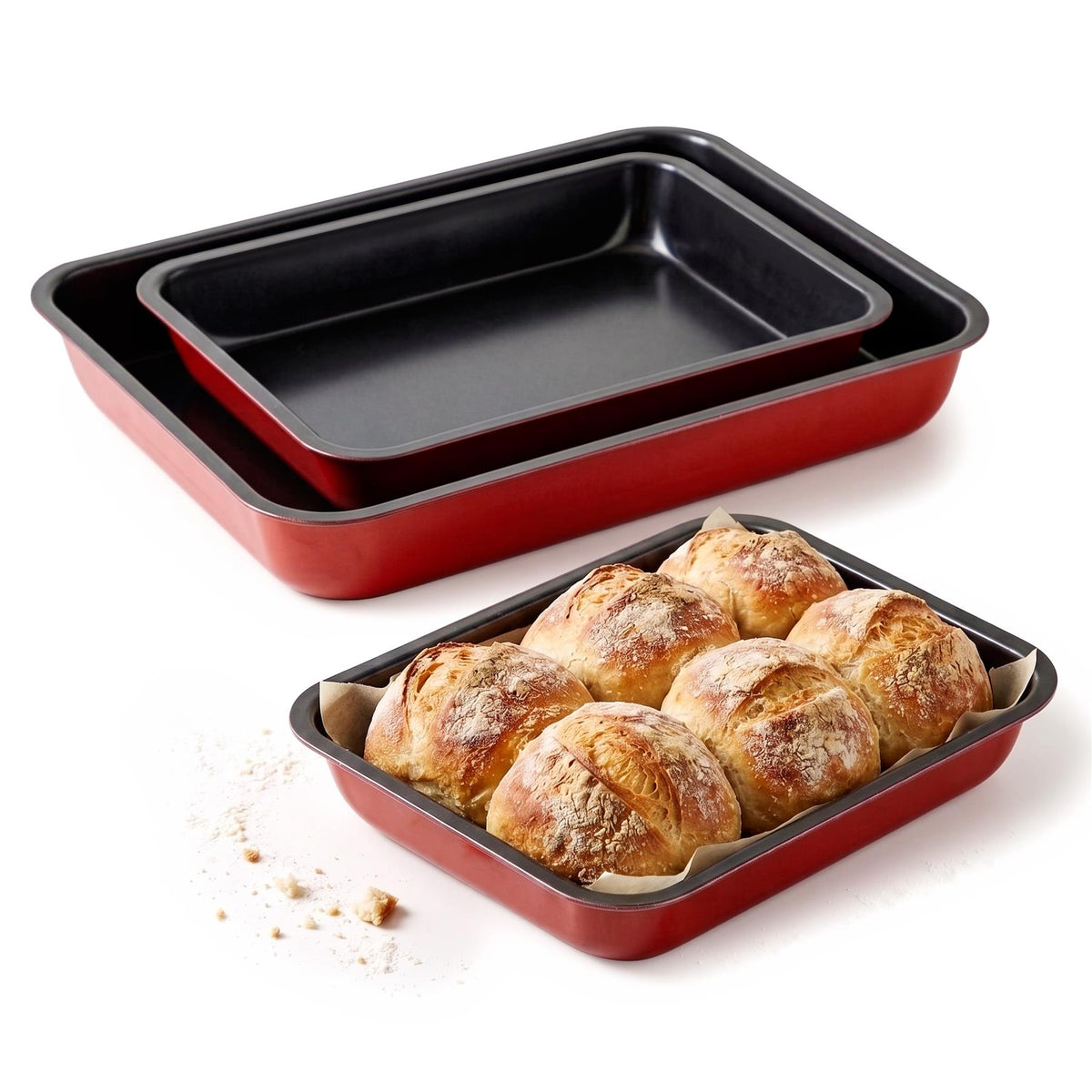 GEEZY set of three non-stick roasting trays with baked rolls in a square tin