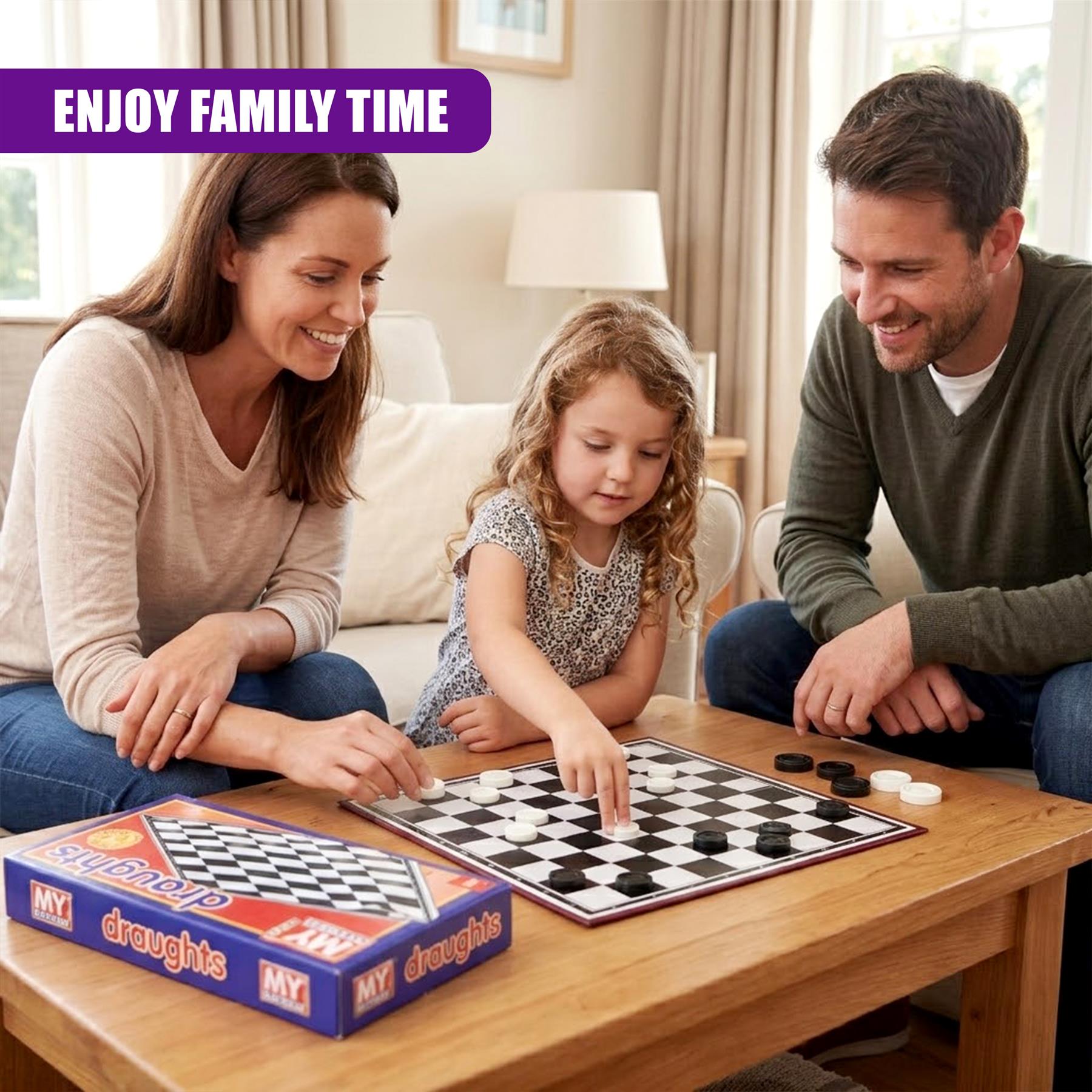 A foldable draughts game board sits open, next to the packaged red and blue box of pieces.