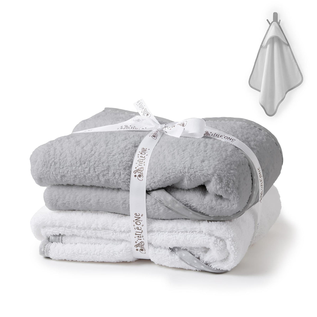 Grey hooded baby bath towels, part of a two-pack, are neatly stacked with a smaller towel