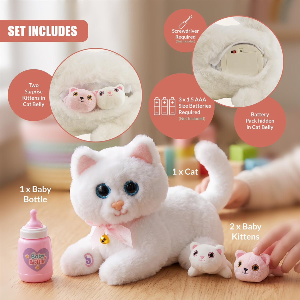 Interactive Plush Cat with 2 Kittens and Sounds