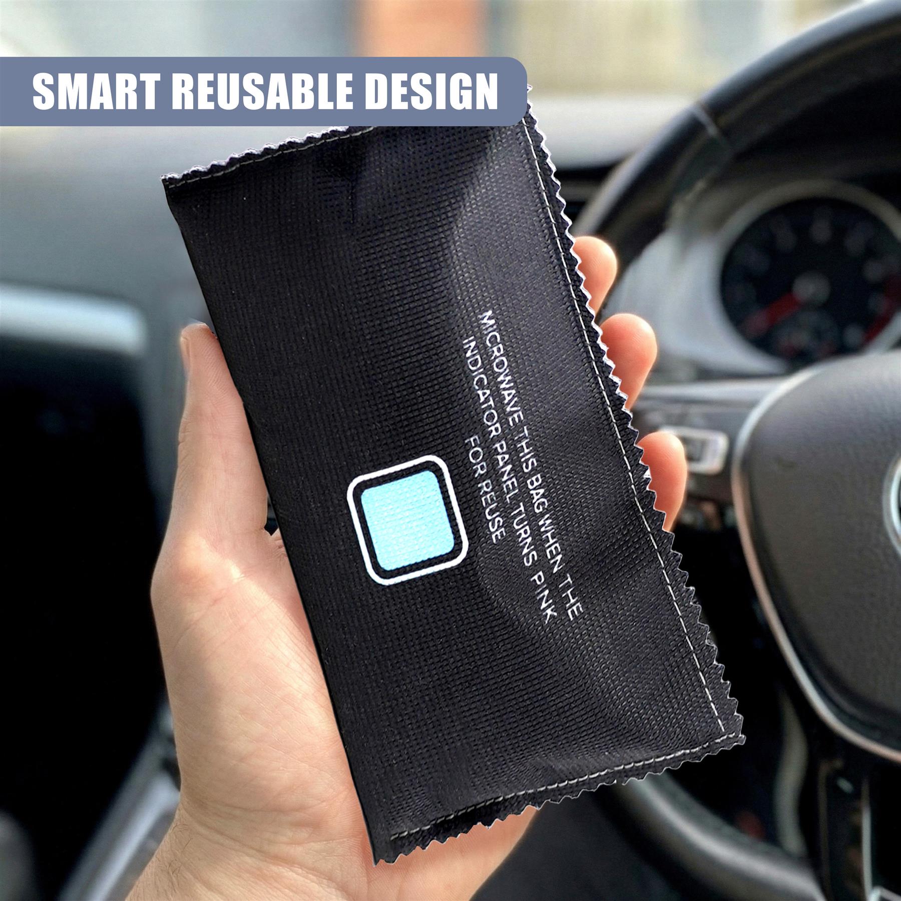 Black fabric sachet held in hand with printed instructions and a visible blue indicator panel.