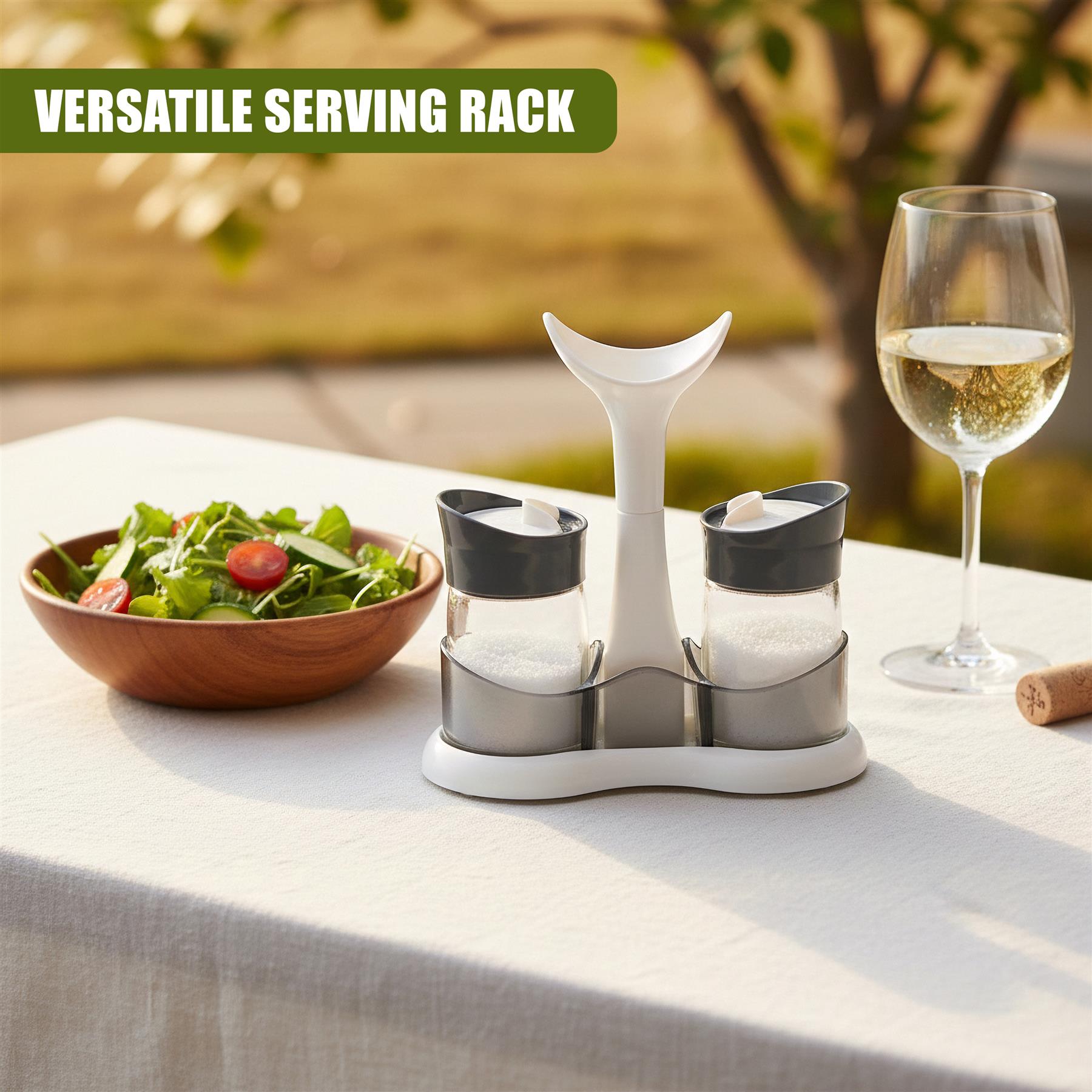 A three-piece salt and pepper shaker set rests on a white serving rack on a table.