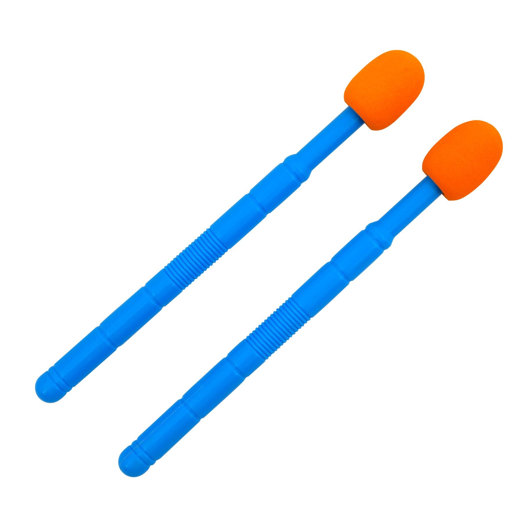 A pair of long, blue, flexible, and ridged cleaning tools with orange, rounded, and soft tips. - The Magic Toy Shop