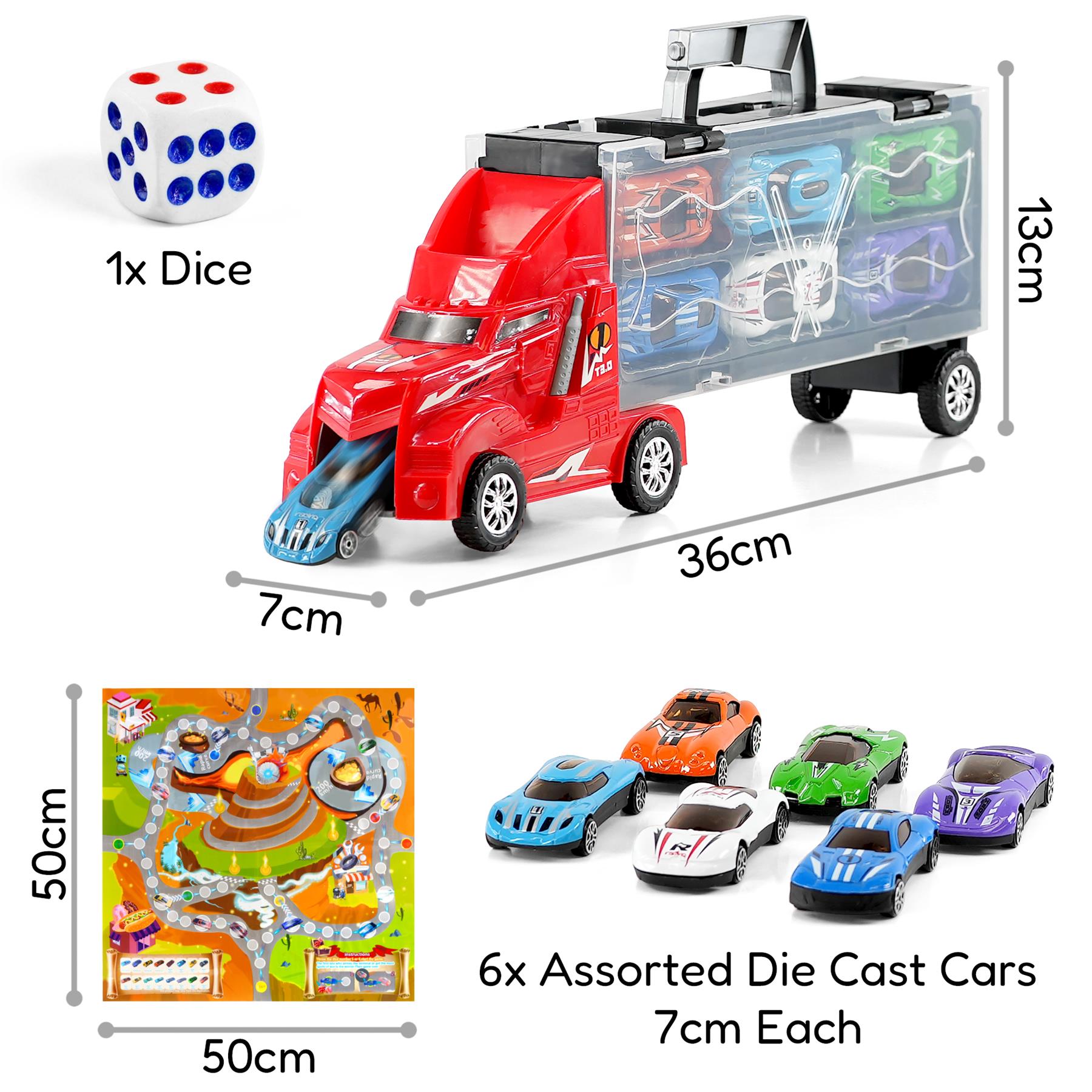 A set of six mini toy cars with a carrier truck, perfect for imaginative play and transporting the cars. TheMagicToysShop.