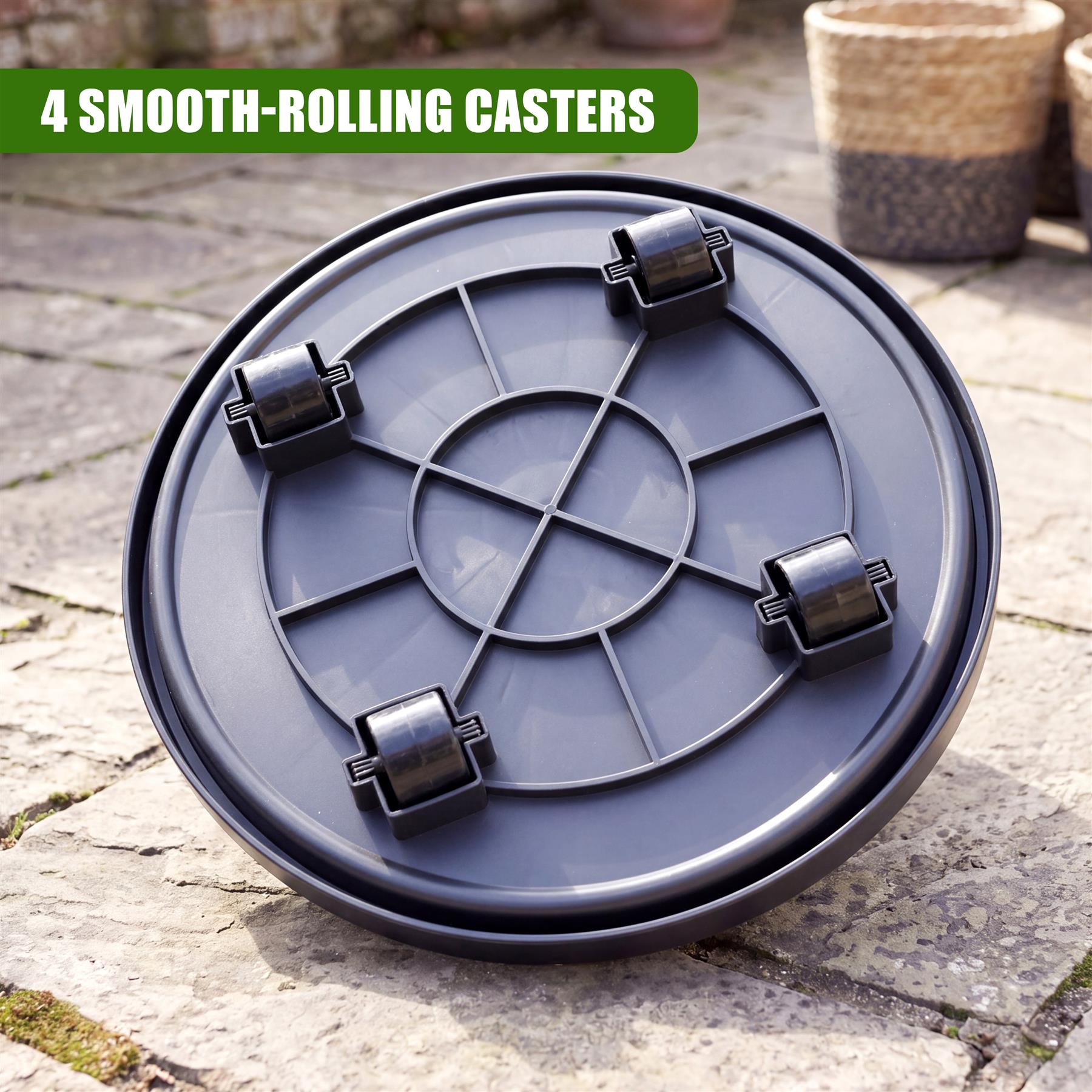 Dark gray, circular plant caddy featuring four mounted caster wheels and internal dividers.