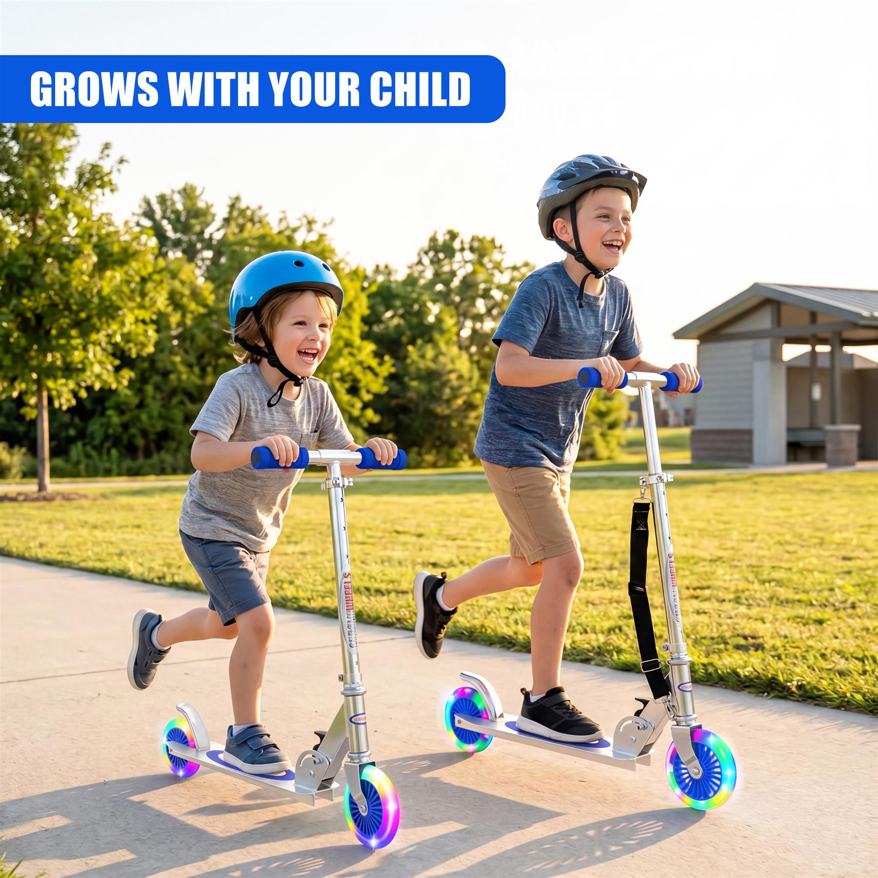 Two boys wearing helmets ride blue scooters on a paved outdoor pathway.
