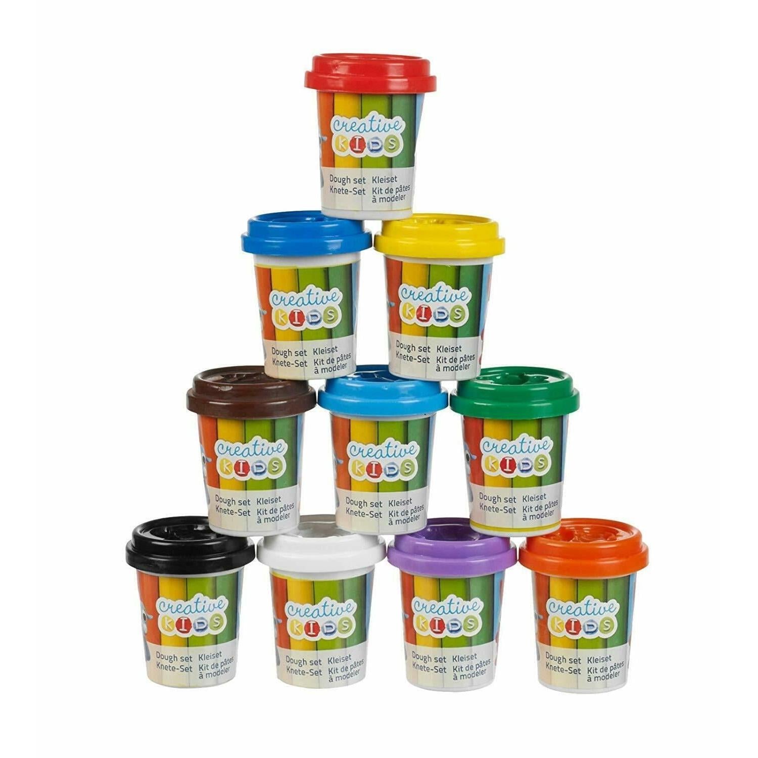 A collection of colorful play dough tubs with labels on them against a white background.