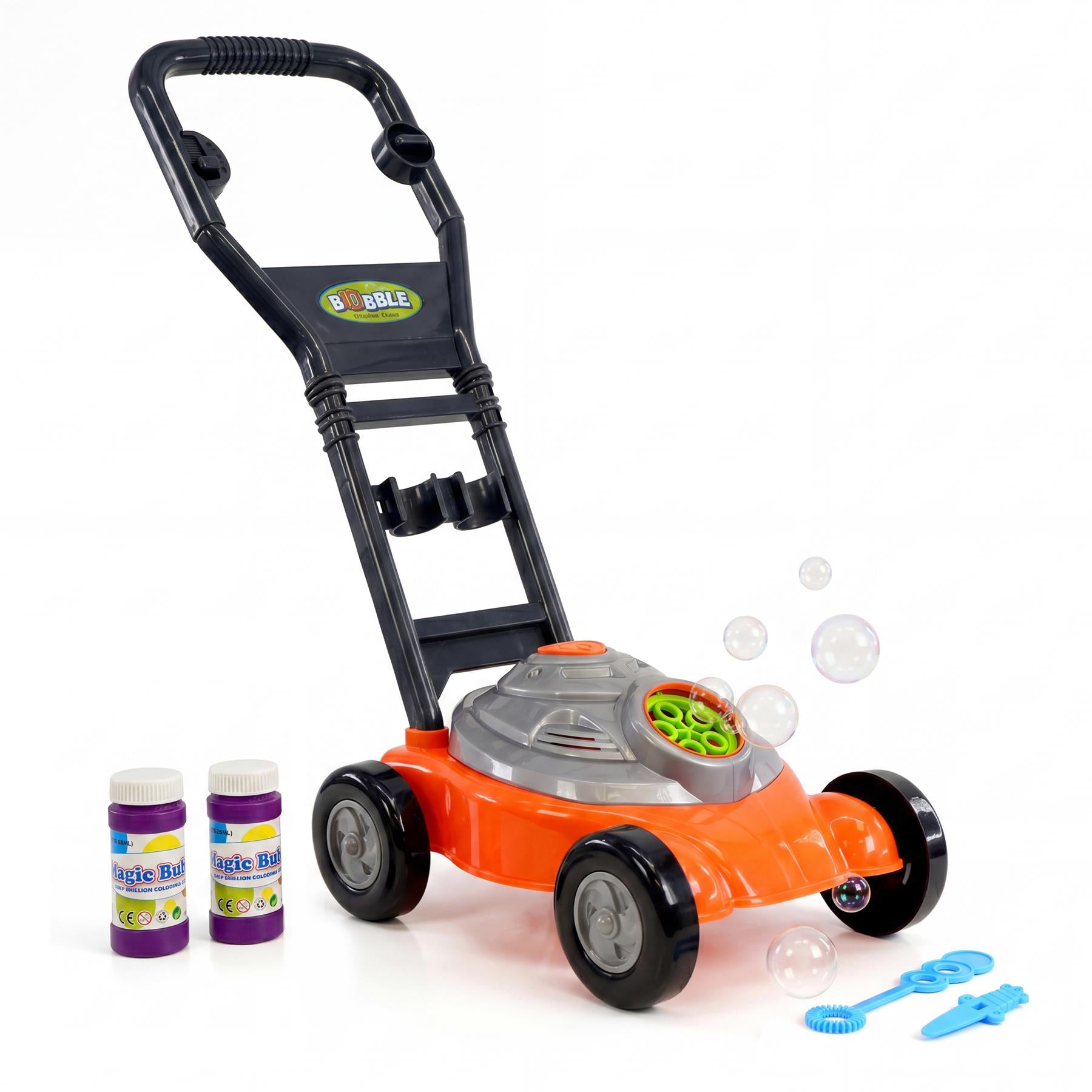 A toy bubble mower, two purple bottles, and blue plastic accessories are displayed on a white surface.