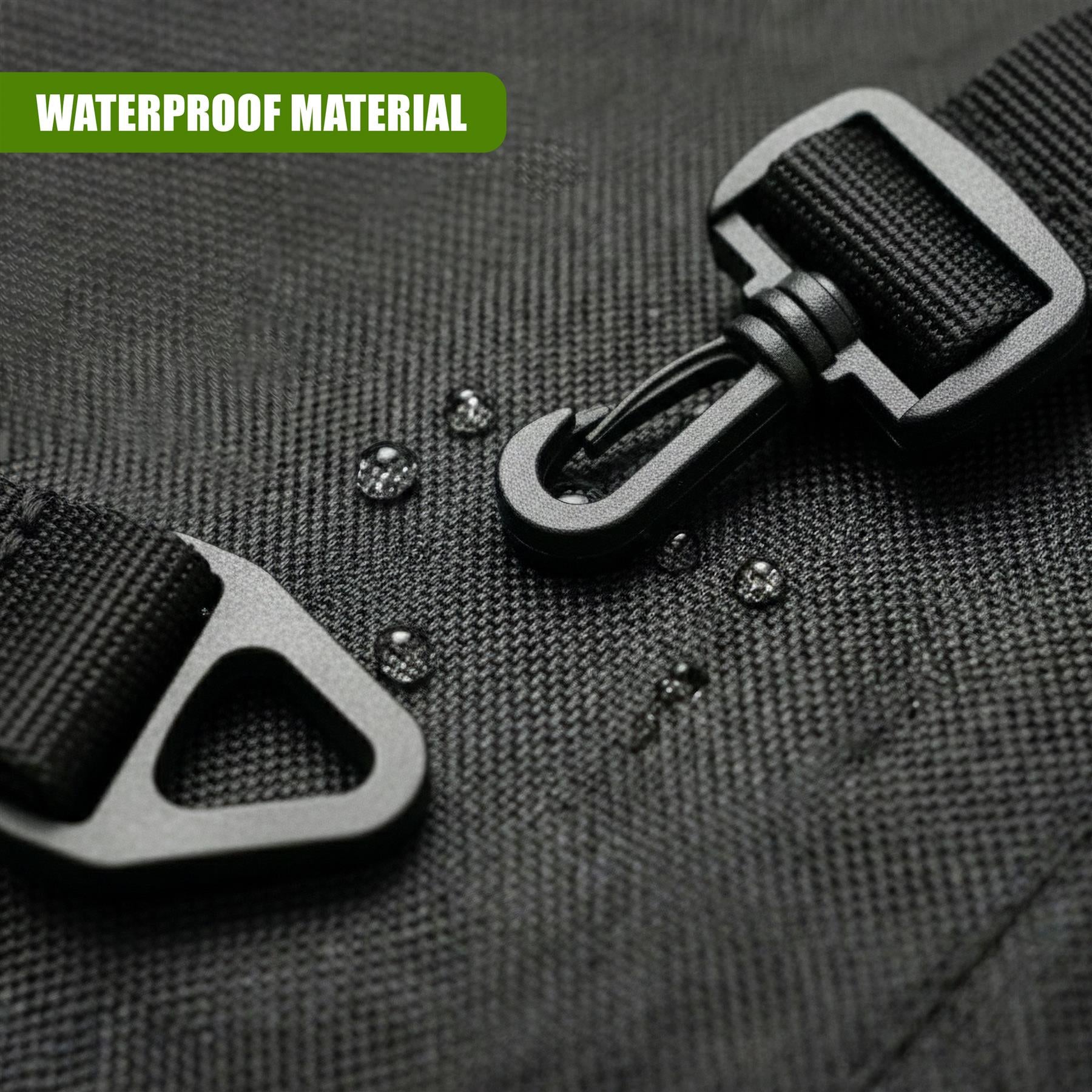Close-up of black nylon fabric featuring a zipper and attached hook-and-loop fastener components.