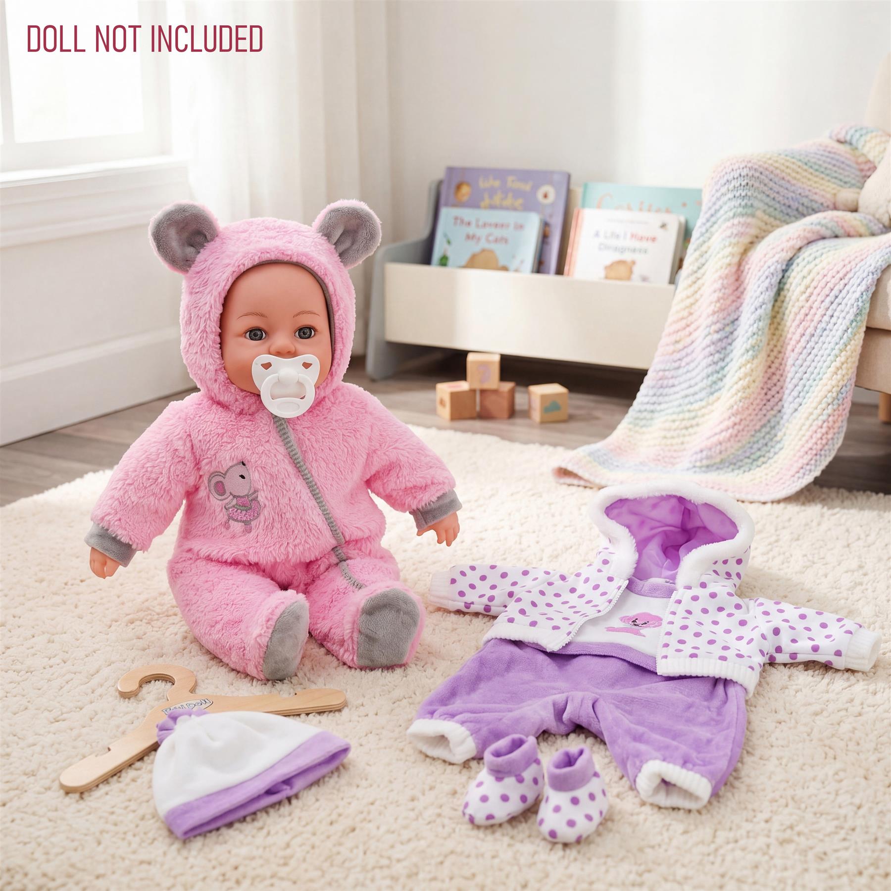 Pink and purple doll outfits, booties, and accessories displayed on a neutral rug.