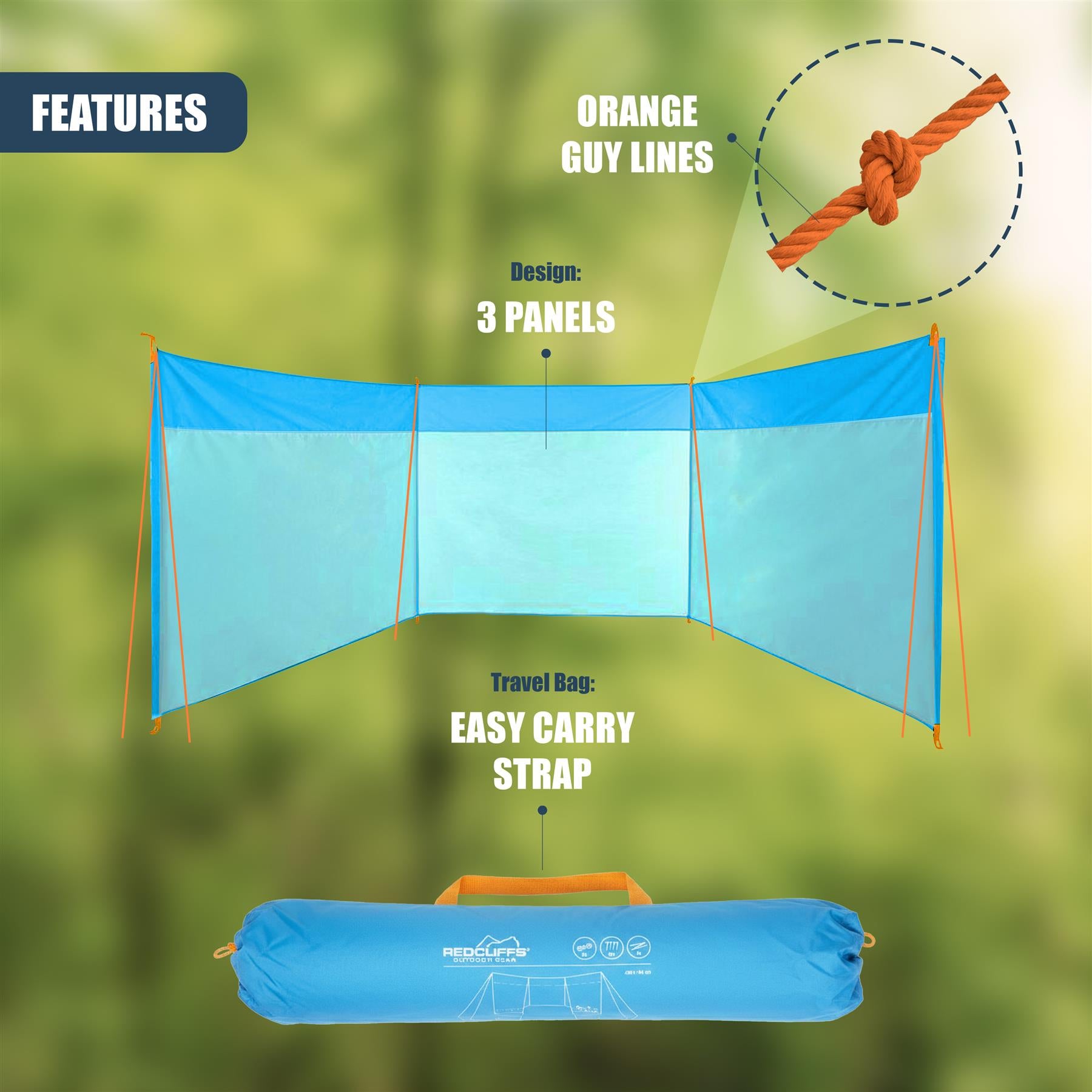 Collapsible blue canopy structure with three panels, orange tension lines, and an included storage carrying bag.