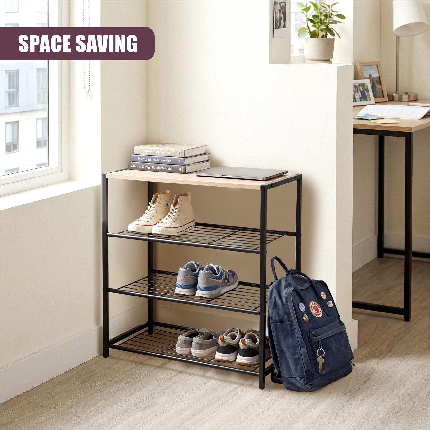 Three-tiered black shoe rack with visible shelves holding several pairs of shoes and a backpack.