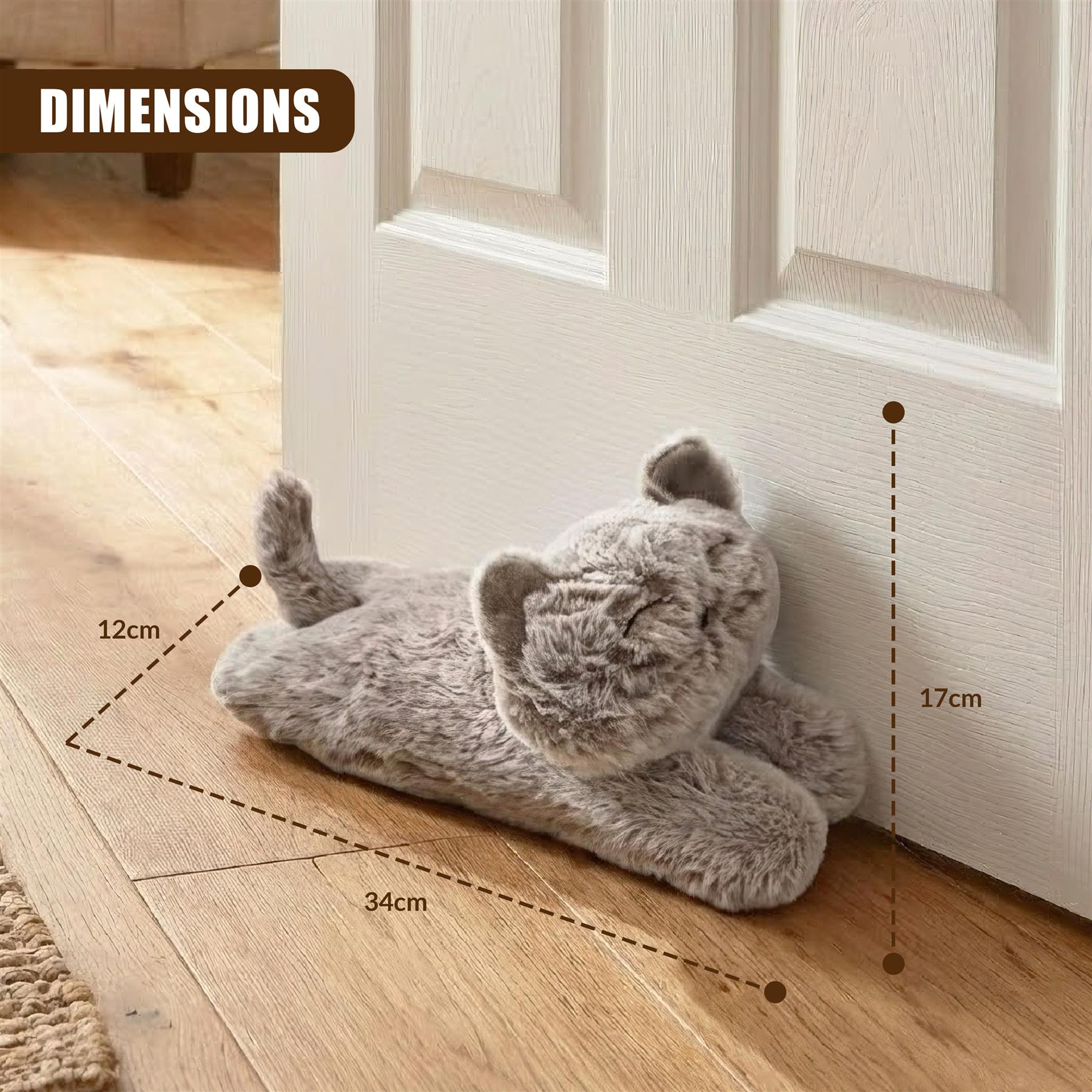 Fluffly faux cat door stopper in gray and white plush design, resting on a floor measuring 9cm by 13cm against a backdrop of a doorway with dimensions in millimeters. - The Magic Toy Shop