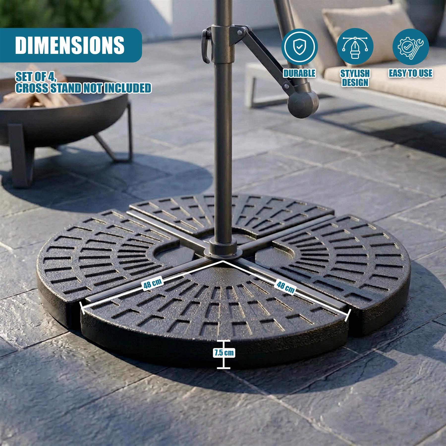 Round, dark pedestal base platform measures 48 cm in diameter and 7.5 cm in depth.