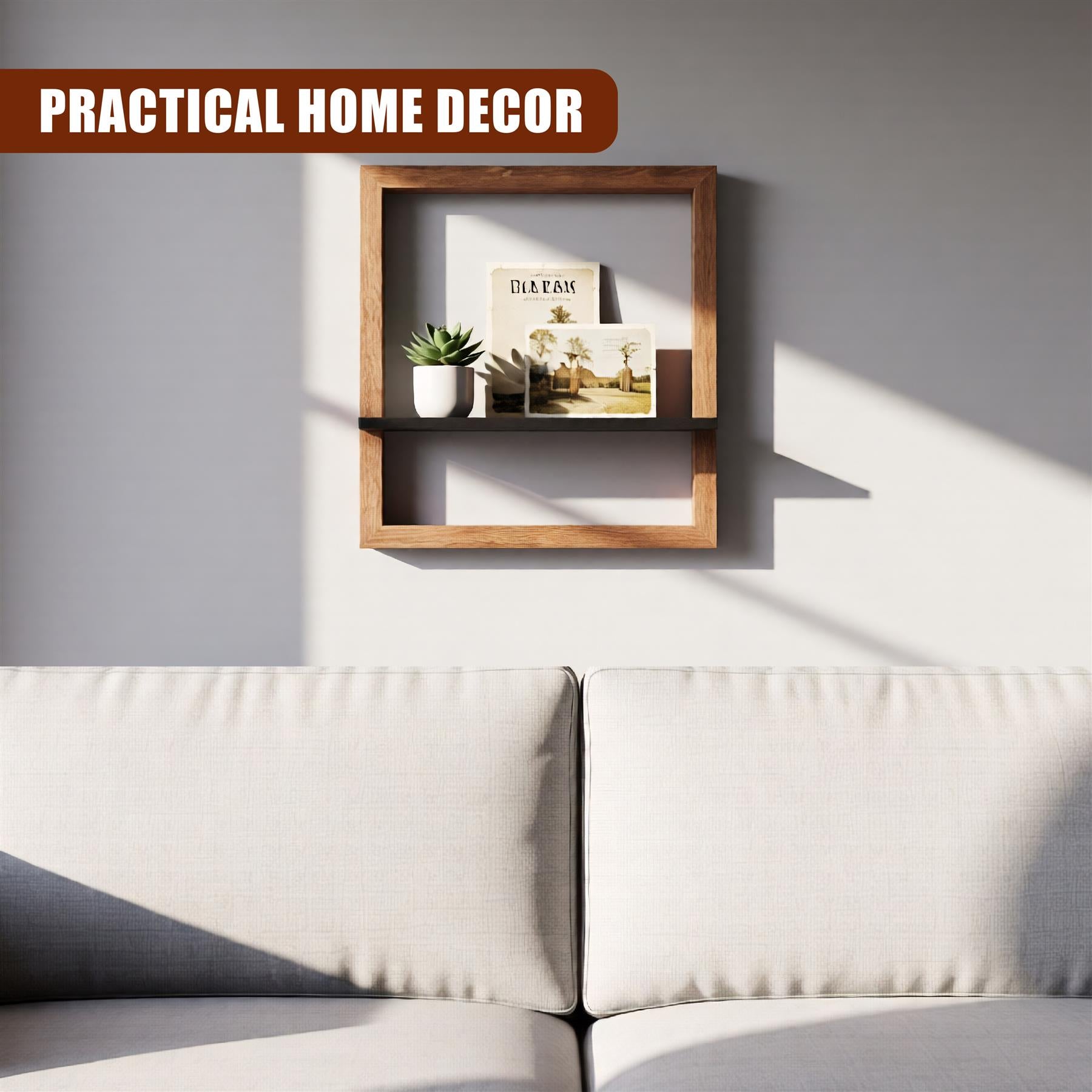 "Wooden floating shelf, minimalist decor"

"Elegant wooden shelf with rectangular frame, mounted on wall without hardware." - The Magic Toy Shop