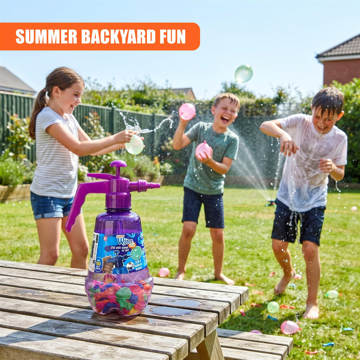 Two children play with a 2 in 1 Air & Water Balloon Pump bottle, filled with balloons, in a garden