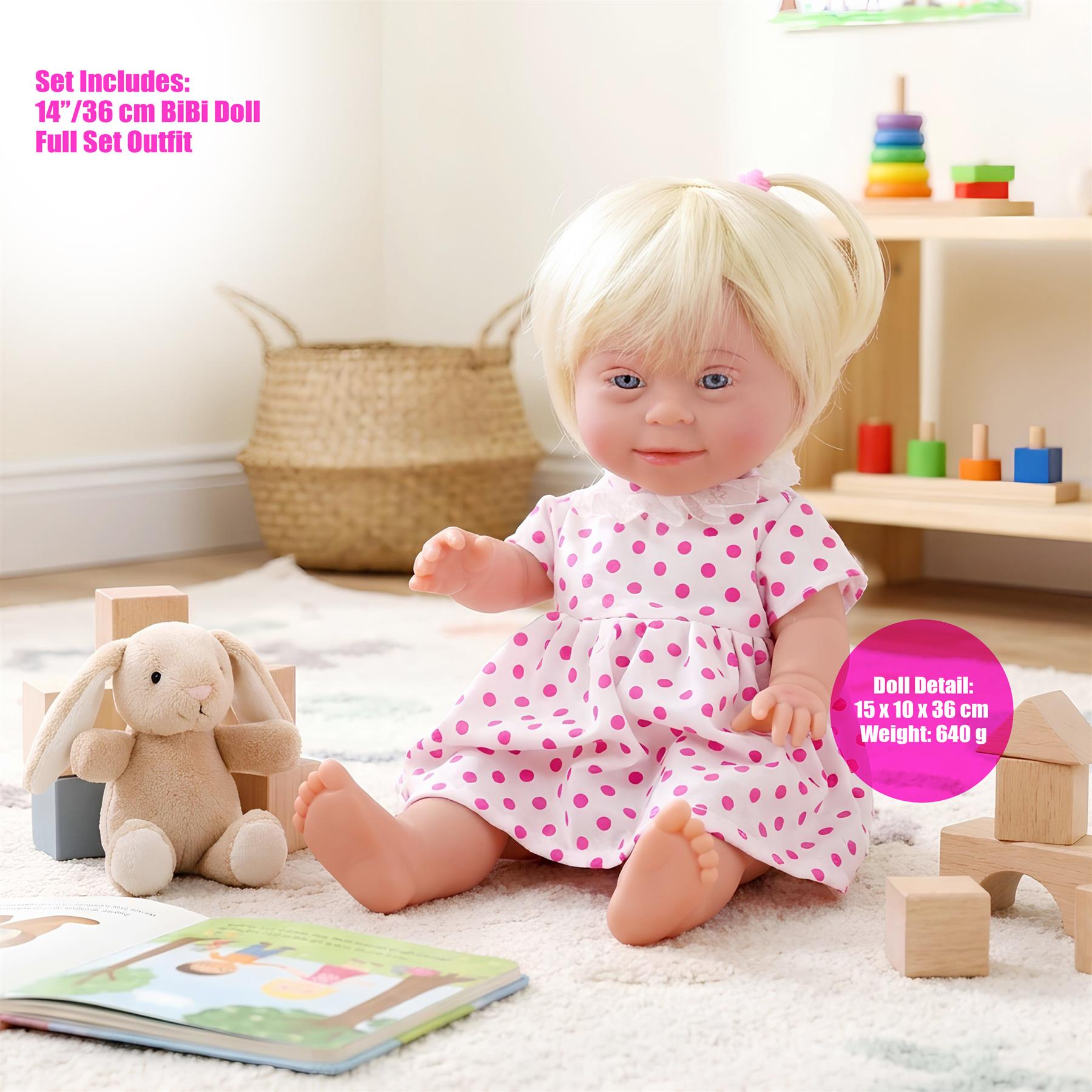 BiBi Doll Down Syndrome Girl - Blonde Hair (36 cm / 14")