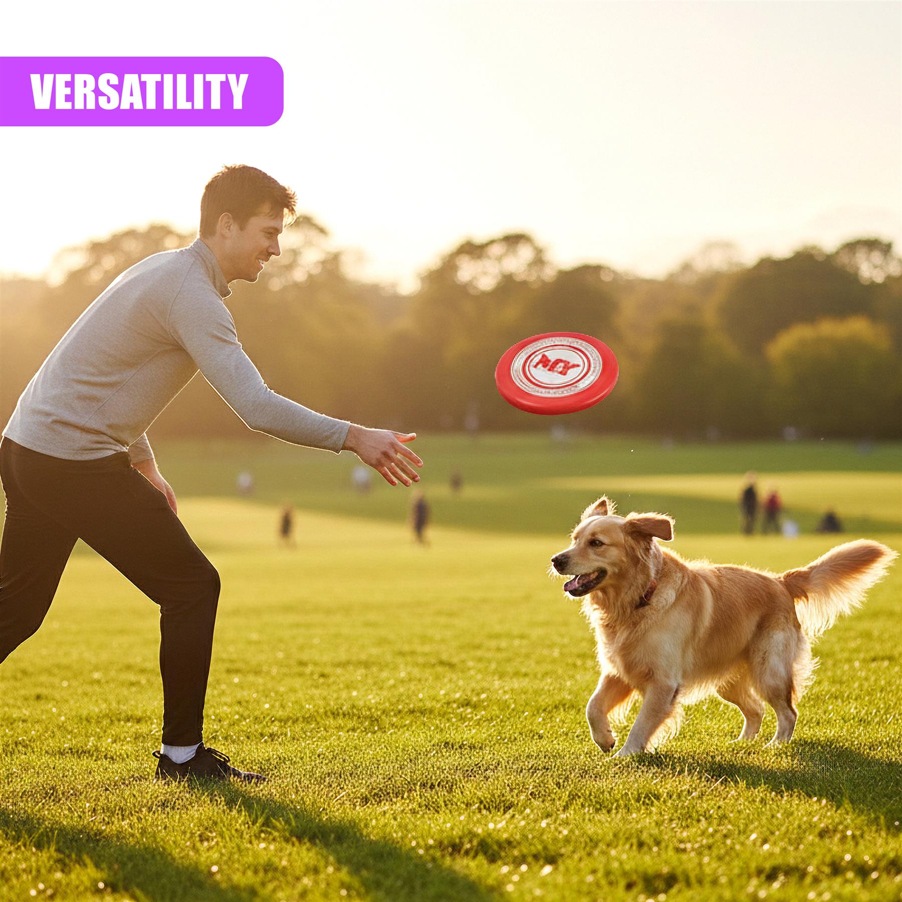 Man throws a red frisbee disc across a grassy field toward a running dog.