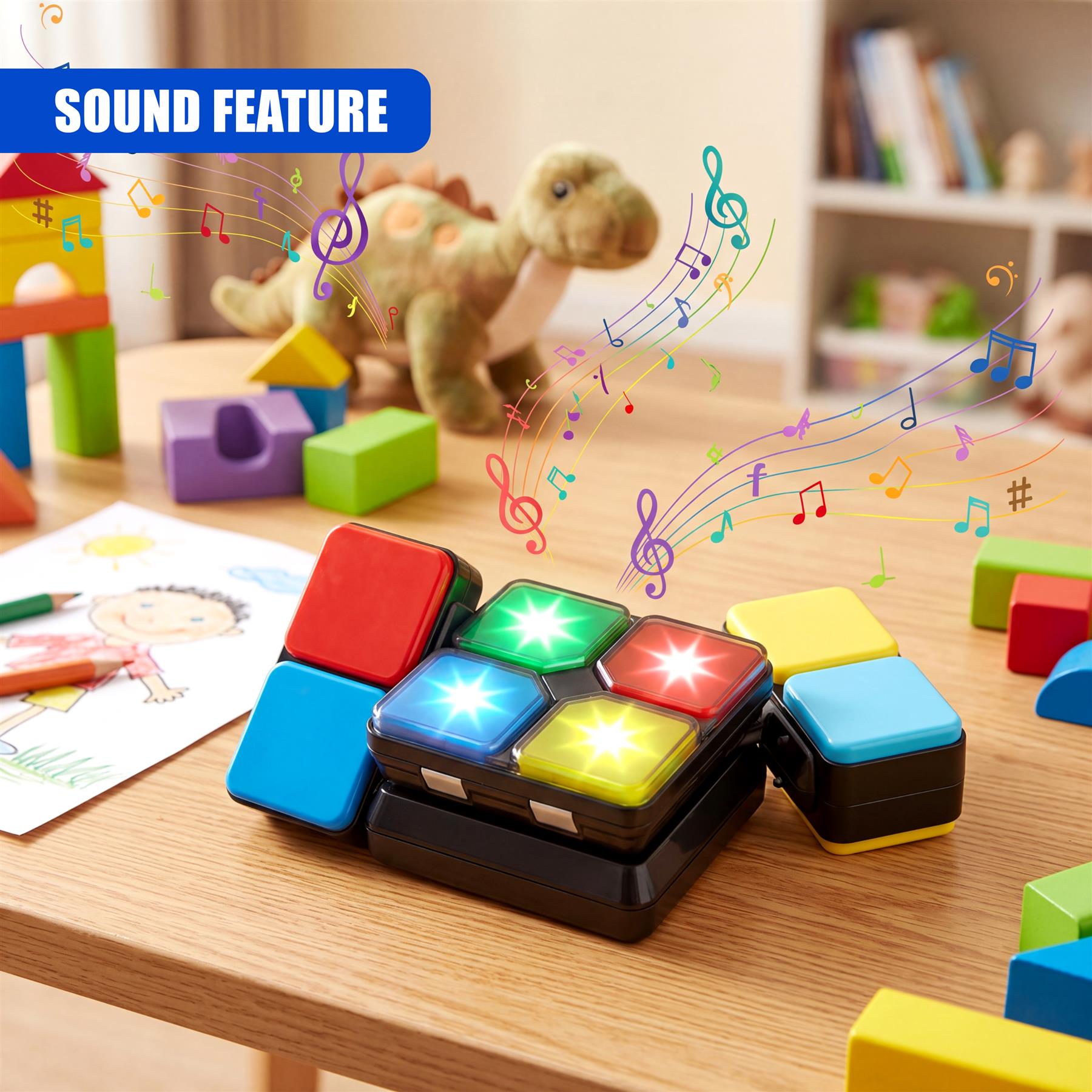 Multiple brightly colored puzzle cubes are stacked and feature illuminated panels on a wooden table.