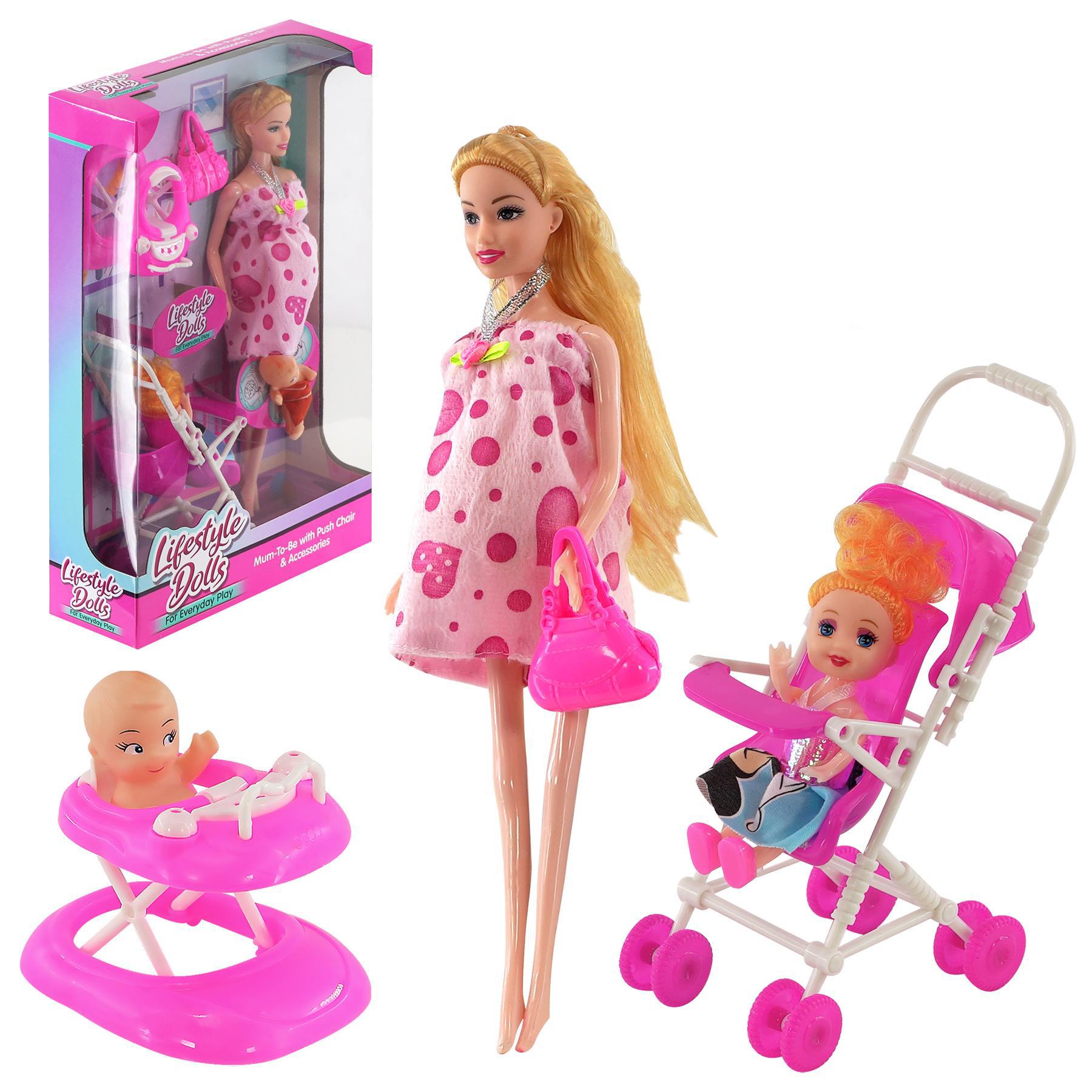 Doll accessories set showing a pregnant doll, pink-clad doll, stroller, and baby carrier.
