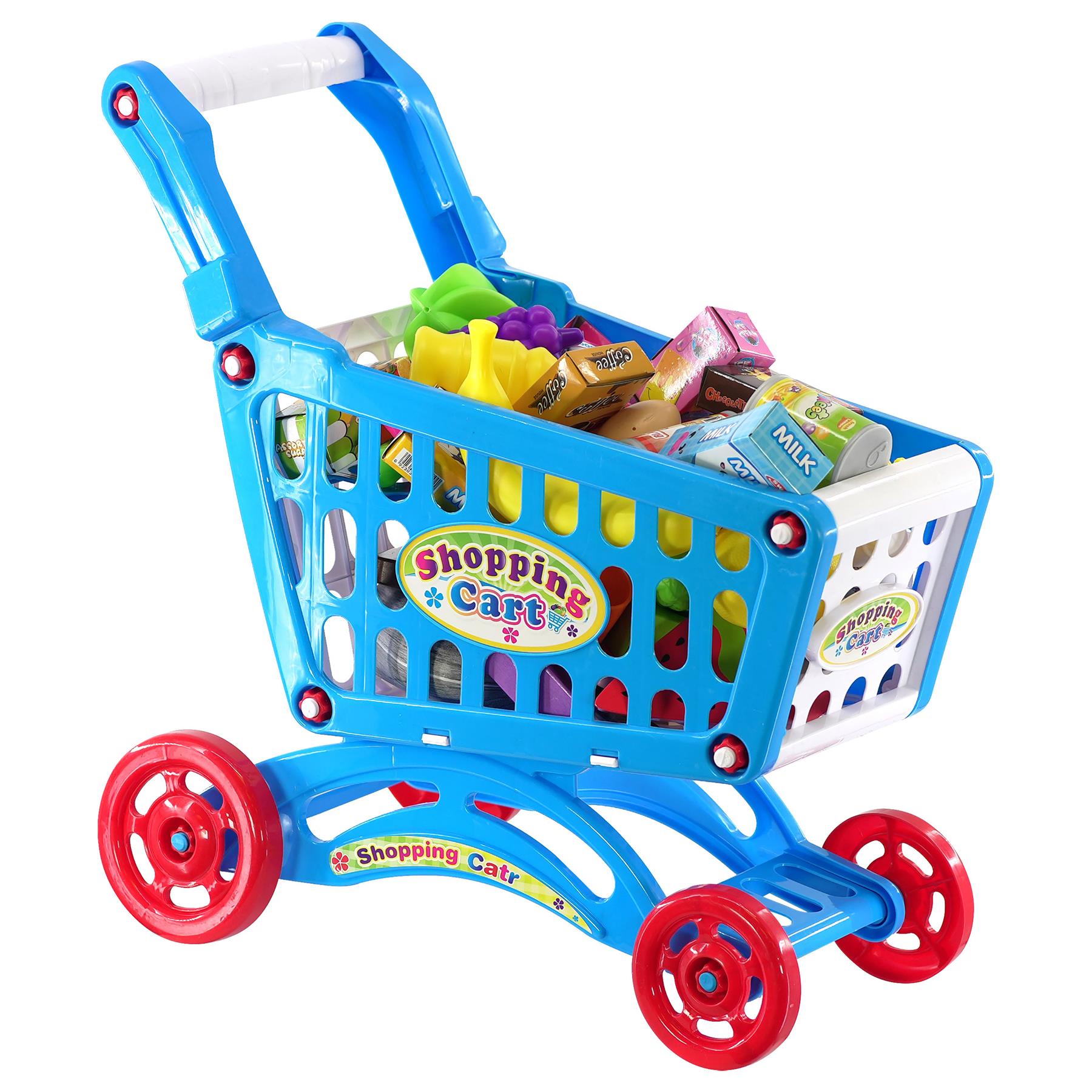 A blue toy shopping cart filled with various play food items, designed to simulate a realistic shopping experience for children. - The Magic Toy Shop