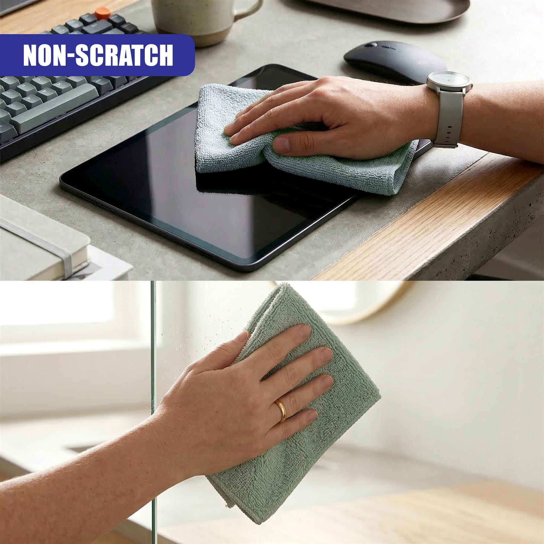 Hands wipe a black tablet screen with a light blue microfiber cloth on a wooden surface.