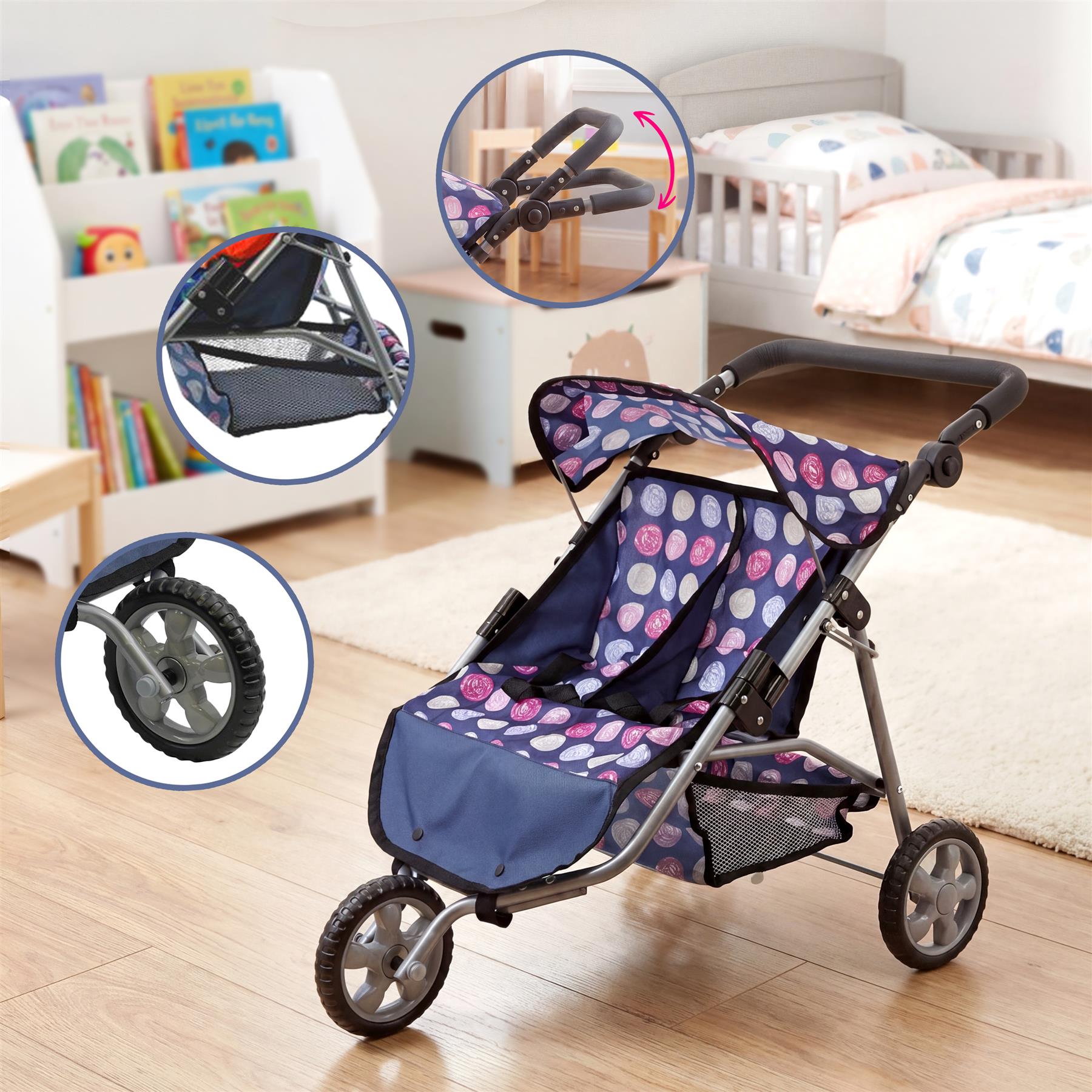 3 Wheeler Twin Doll's Pushchair, Blue