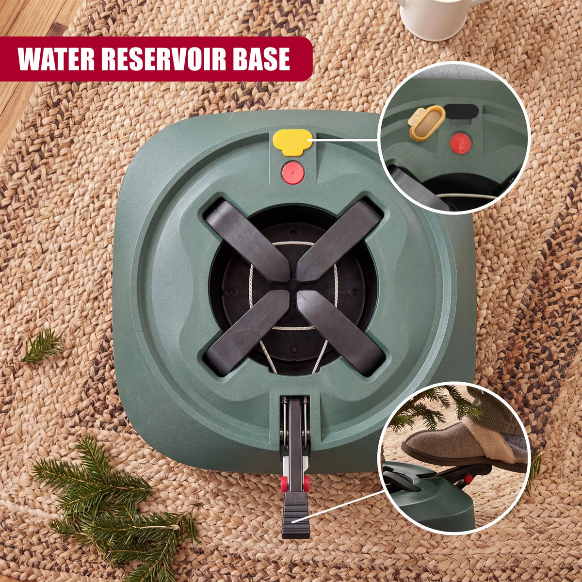 GEEZY Christmas Tree Stand with Water Reservoir shows a green tree stand with close-up details