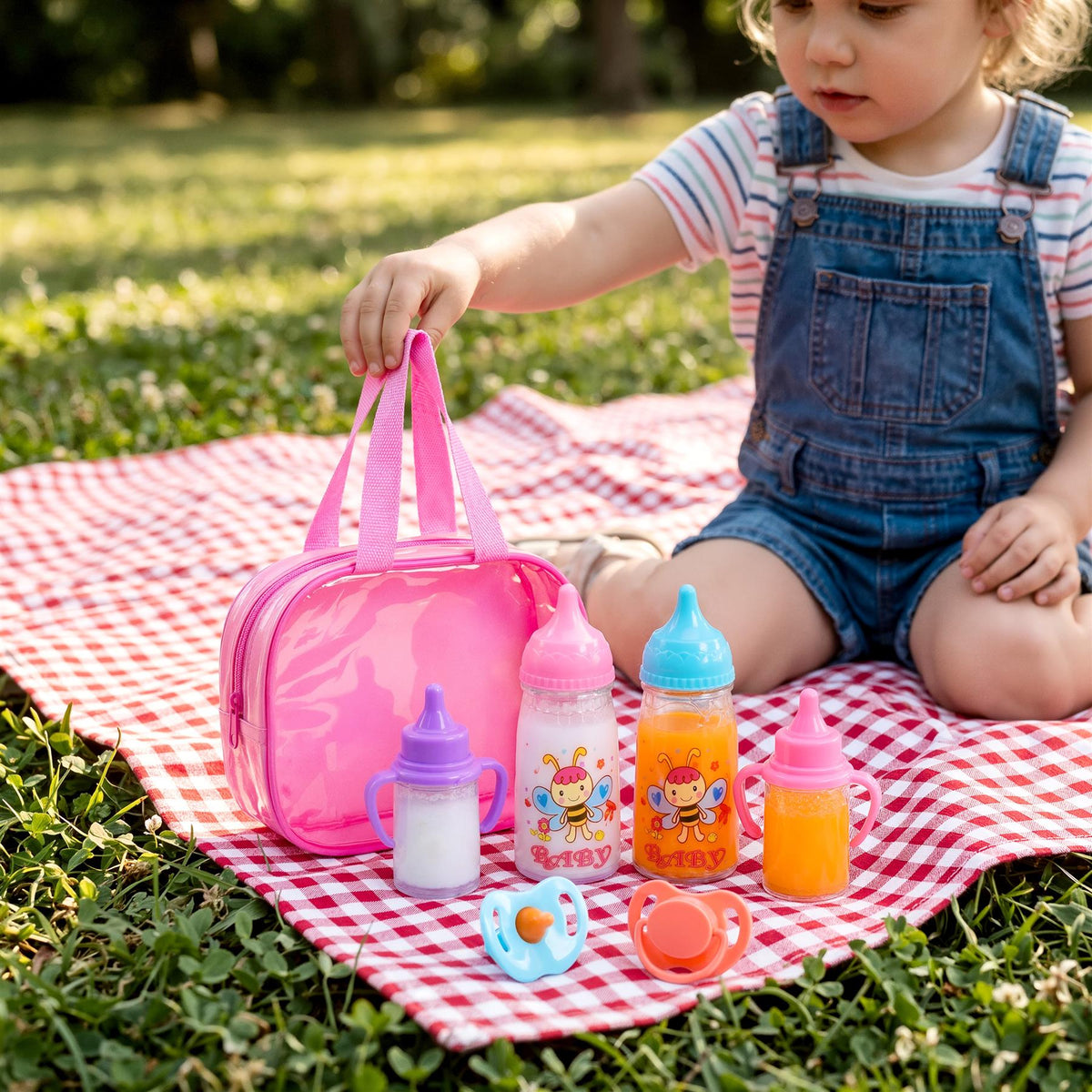 BiBi Doll accessories set with bottles, dummies and a carry bag on a picnic blanket
