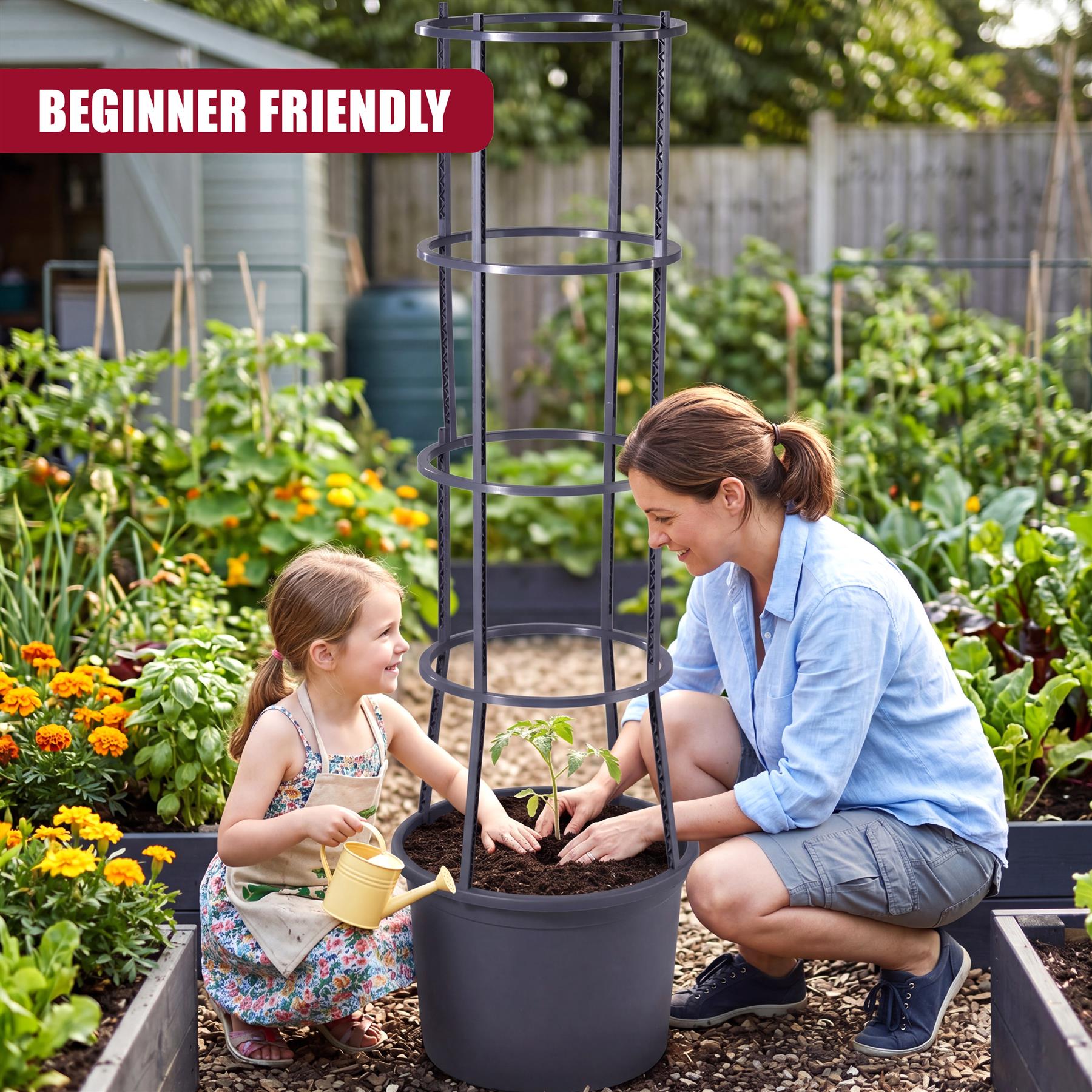 Woman and child plant seedlings in a four-tiered vertical garden pot stand among growing plants.