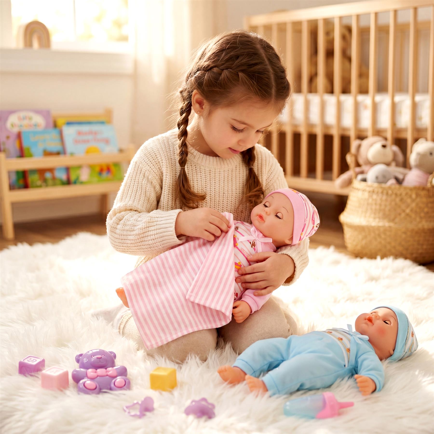 Girl dresses a doll in pink clothing amidst wooden blocks and crib accessories.