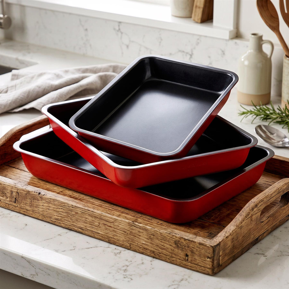 GEEZY set of three non-stick roasting trays in red and black, stacked on a wooden tray